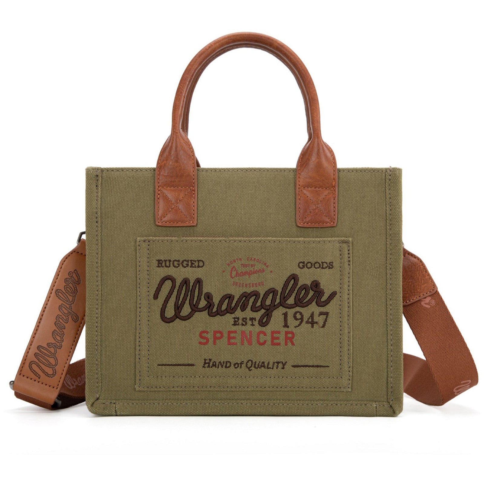 Wrangler Spencer Crossbody Bag. Green tote bag with brown handles and strap, featuring Wrangler branding on a white background.