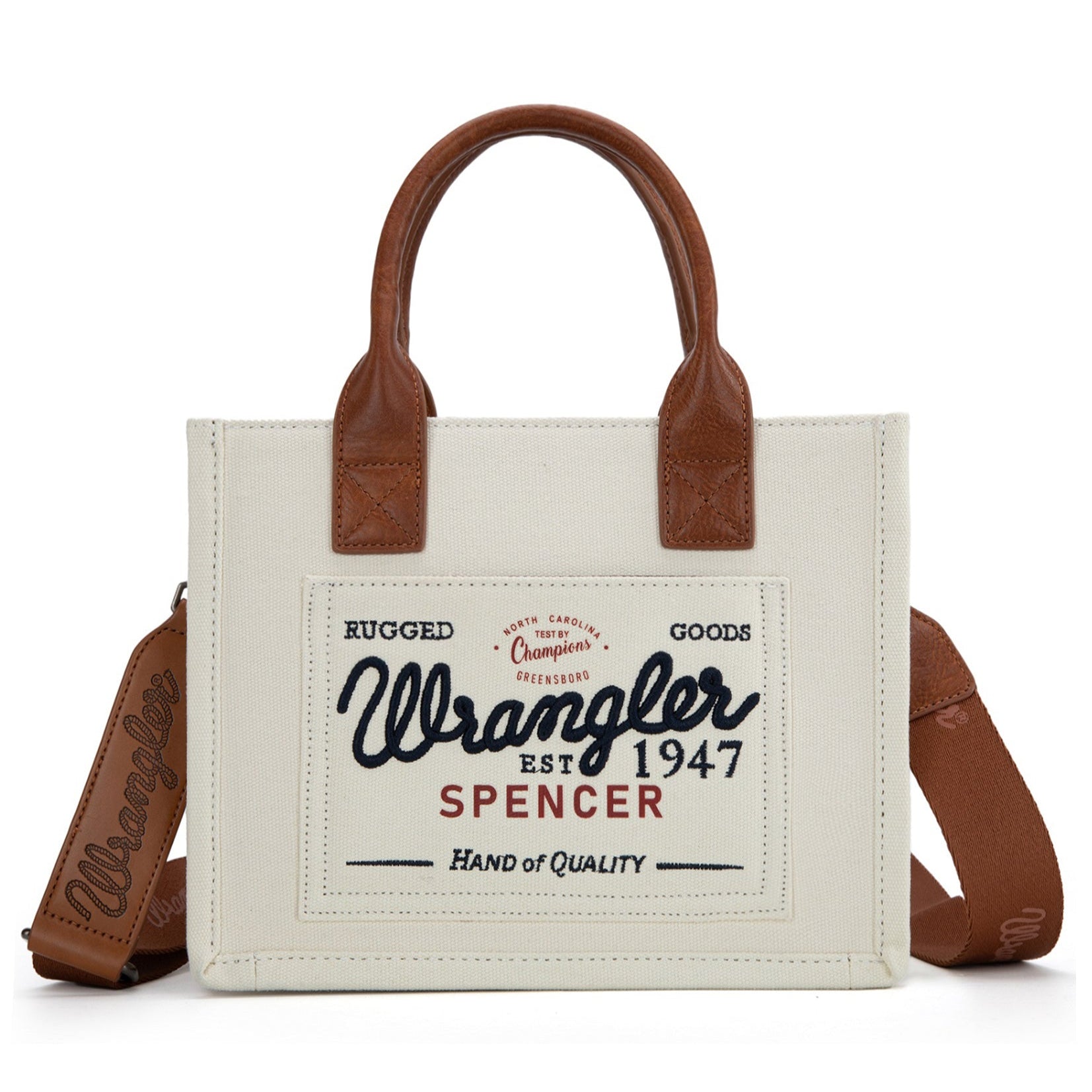 Wrangler Spencer Crossbody Bag beige  with brown leather handles and strap featuring Wrangler western branding on a white background