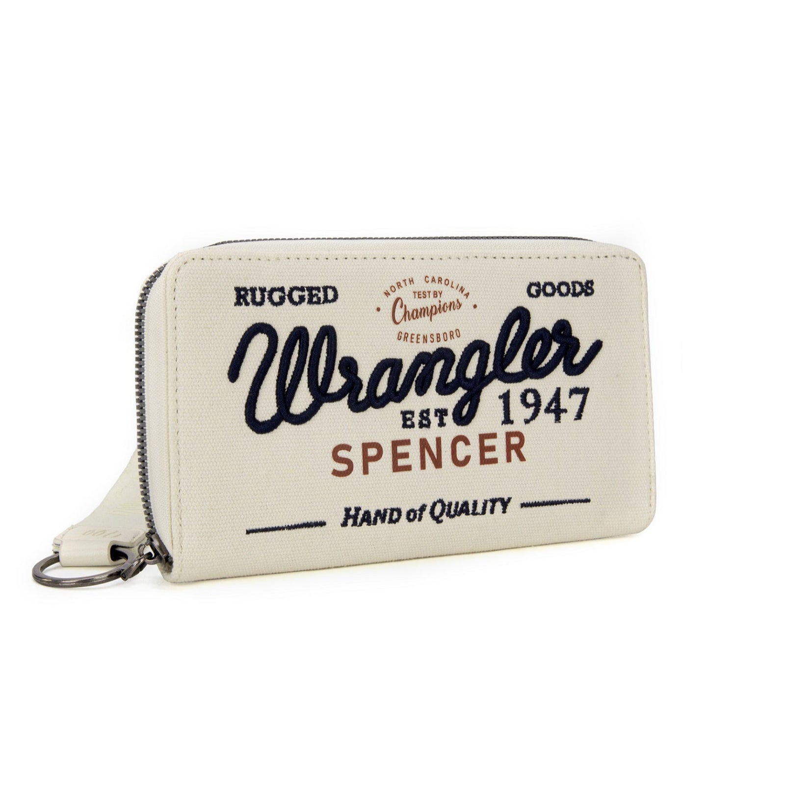 Wrangler Spencer Wallet. Beige wallet with Wrangler branding on a white background