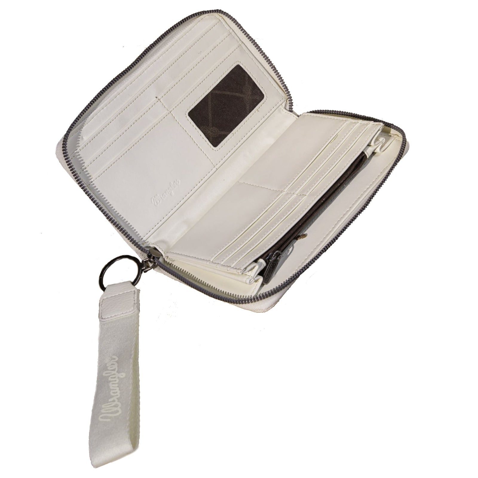 Wrangler Spencer Wallet. Beige wallet with Wrangler branding on a white background