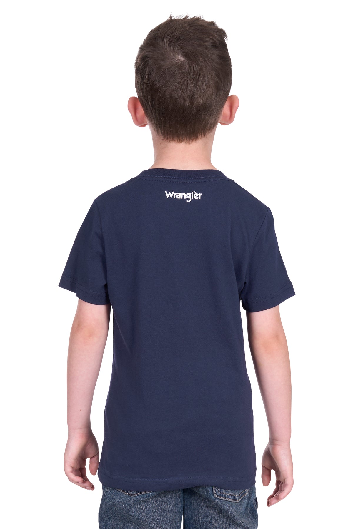 Wrangler Boy's Luis S/S T-Shirt. Child wearing a navy blue t-shirt with 'Wrangler' logo on the back against a white background