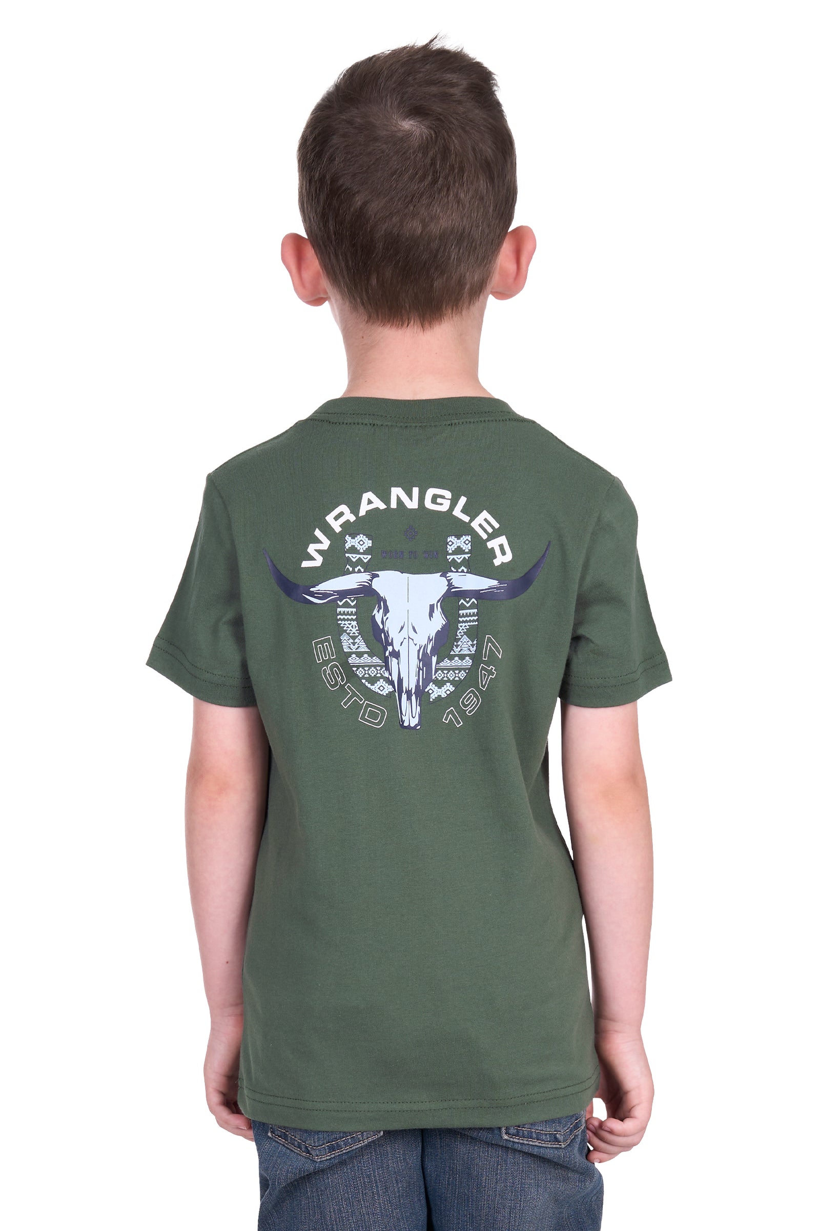 Wrangler Boy's Henry S/S T-Shirt. Child wearing a green Wrangler t-shirt with a bull skull design on the back.