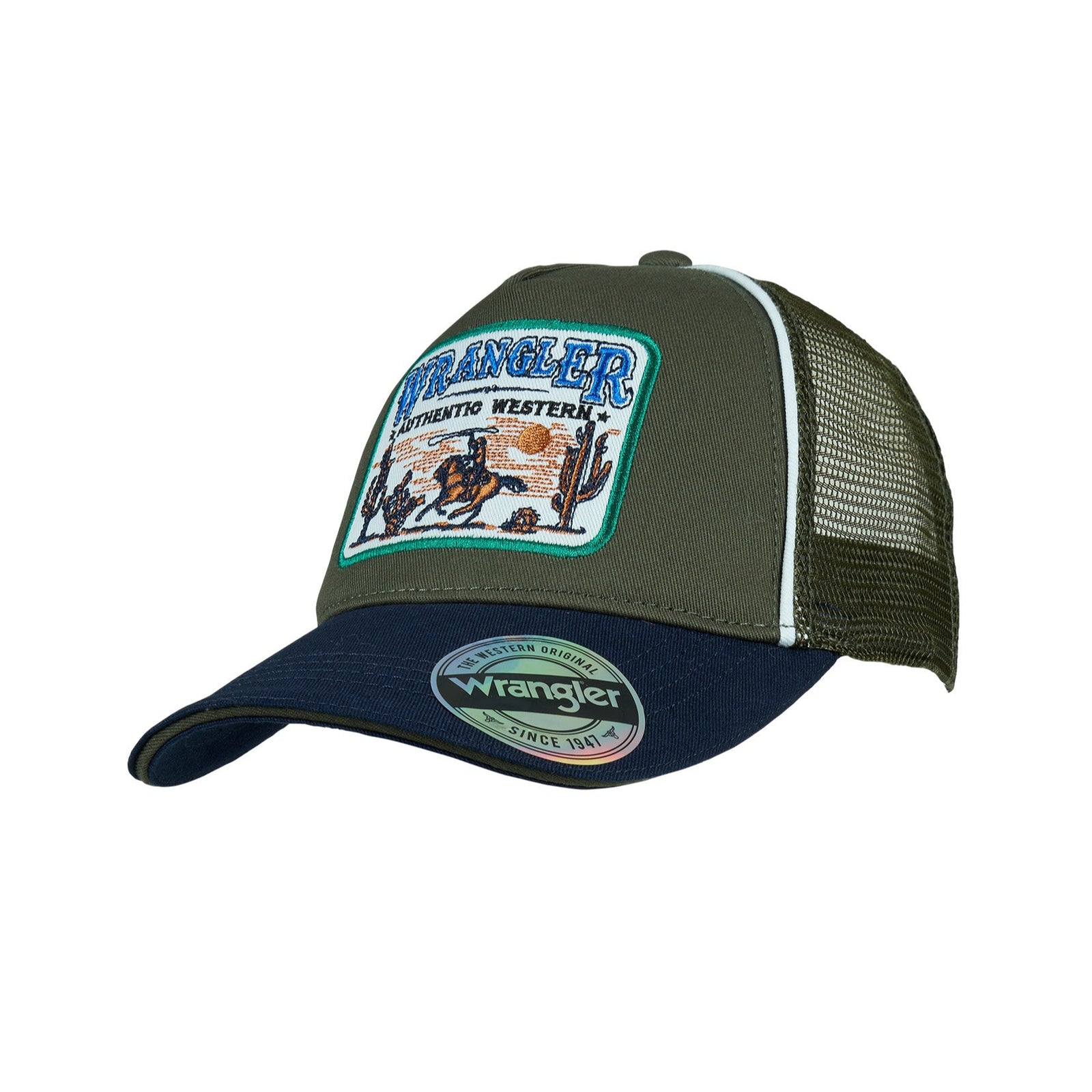 Wrangler Boy's Andy Trucker Cap. Green and navy cap with Wrangler logo on a white background