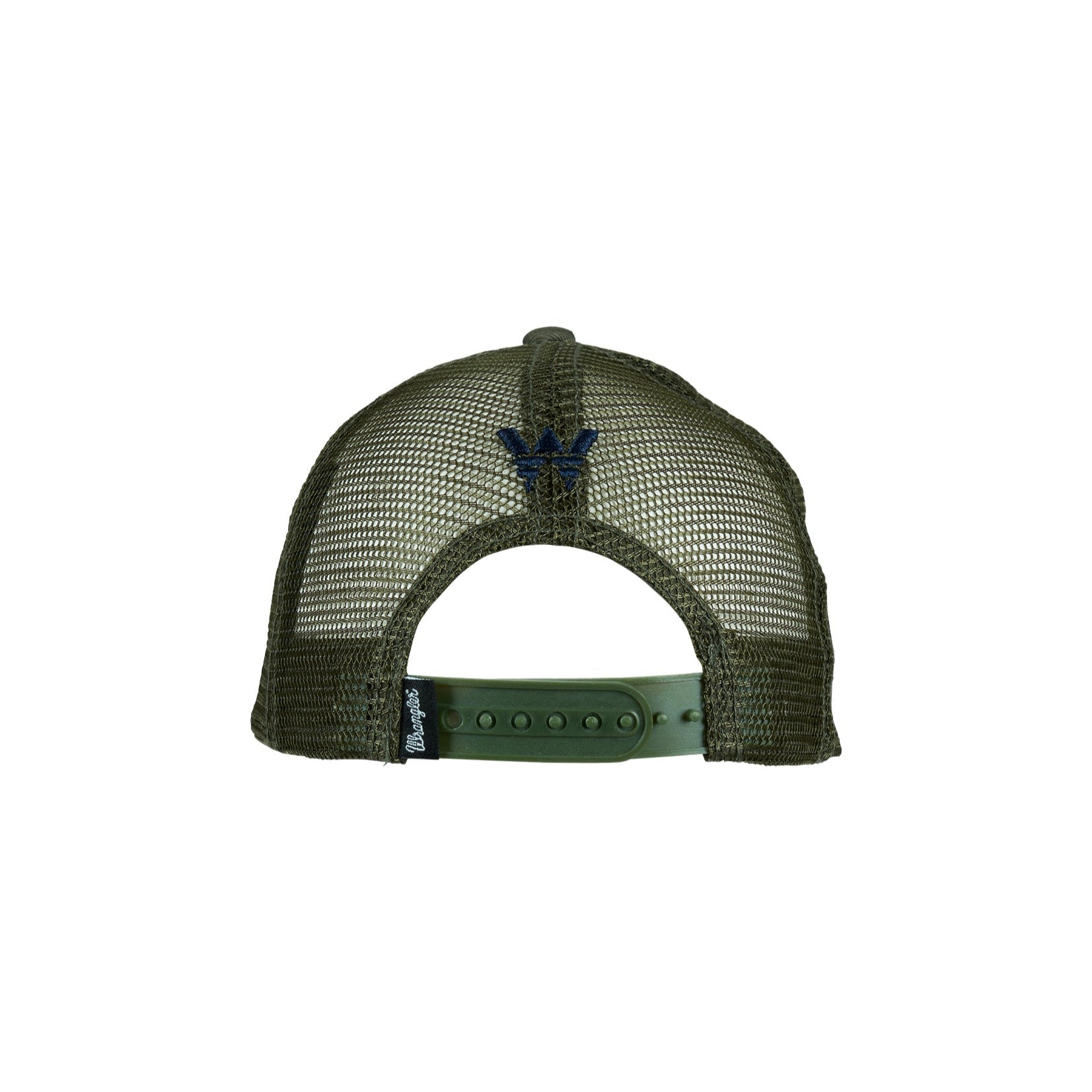 Wrangler Boy's Andy Trucker Cap. Green and navy cap with Wrangler logo on a white background