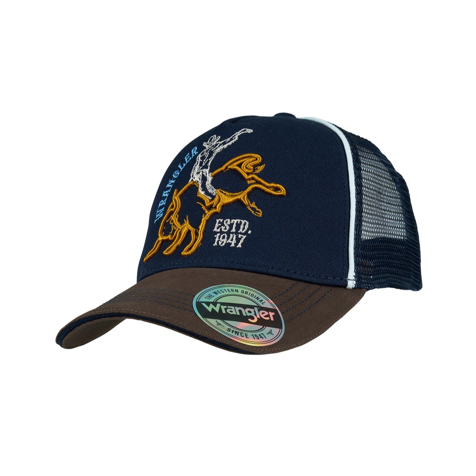 Wrangler Boy's Robert Trucker Cap. Navy and brown cap with Wrangler logo on a white background