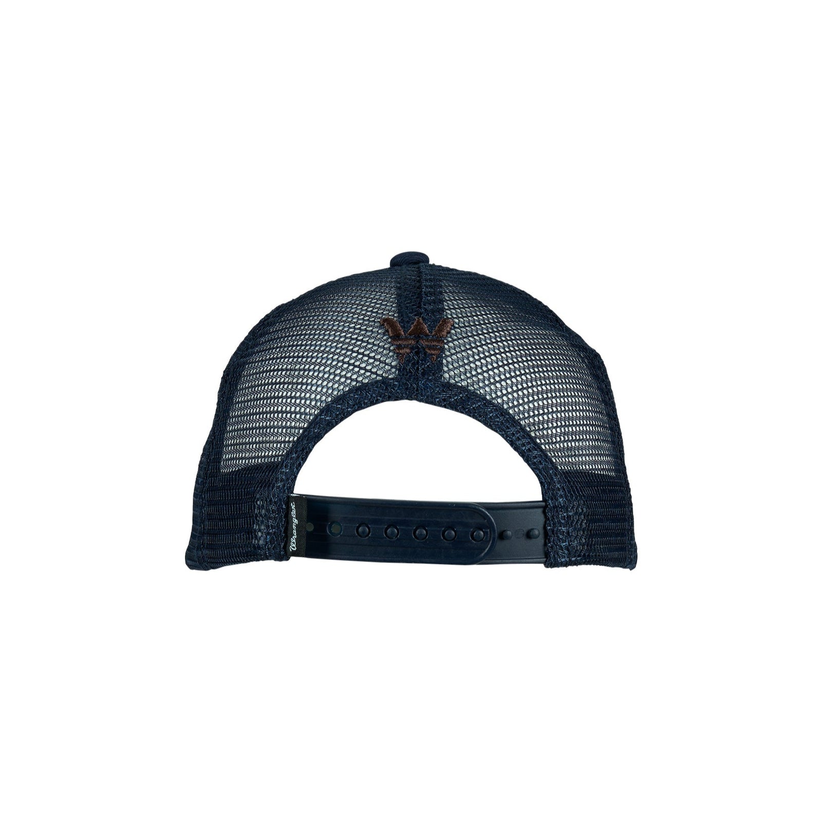 Wrangler Boy's Robert Trucker Cap. Navy and brown cap with Wrangler logo on a white background