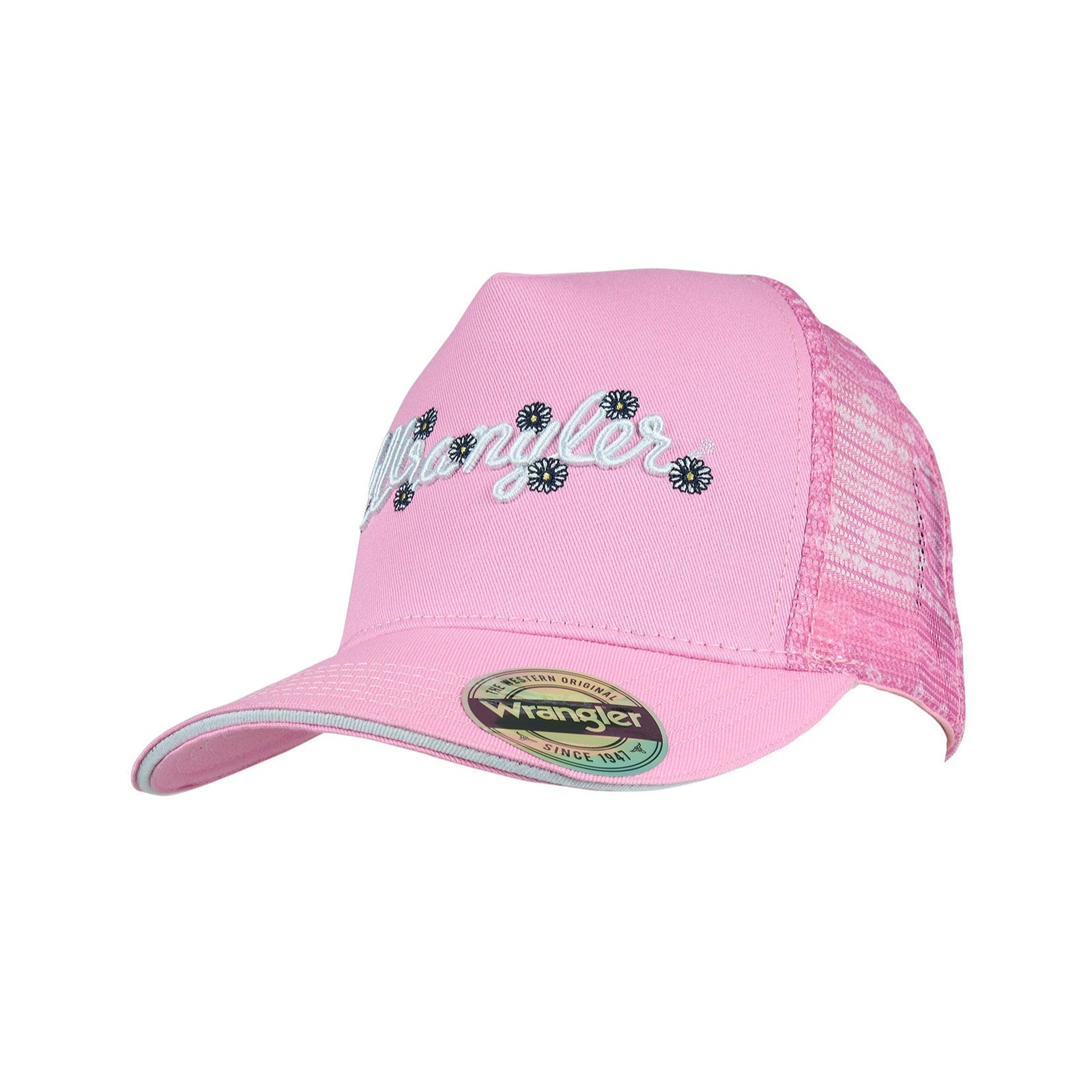 Wrangler Girl's Aria High Profile Ponytail Trucker CapPink cap with decorative elements on a white background 