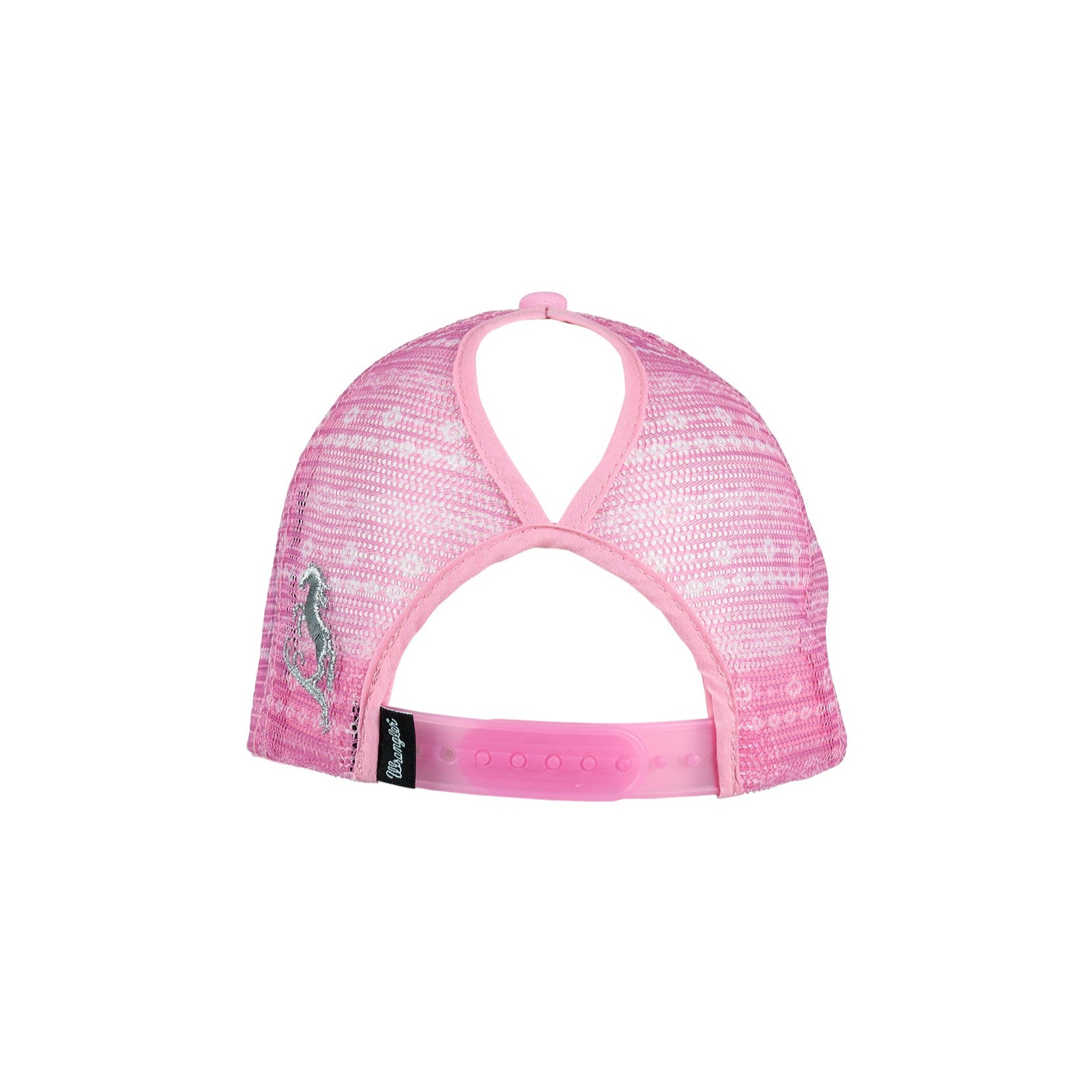 Wrangler Girl's Aria High Profile Ponytail Trucker CapPink cap with decorative elements on a white background 