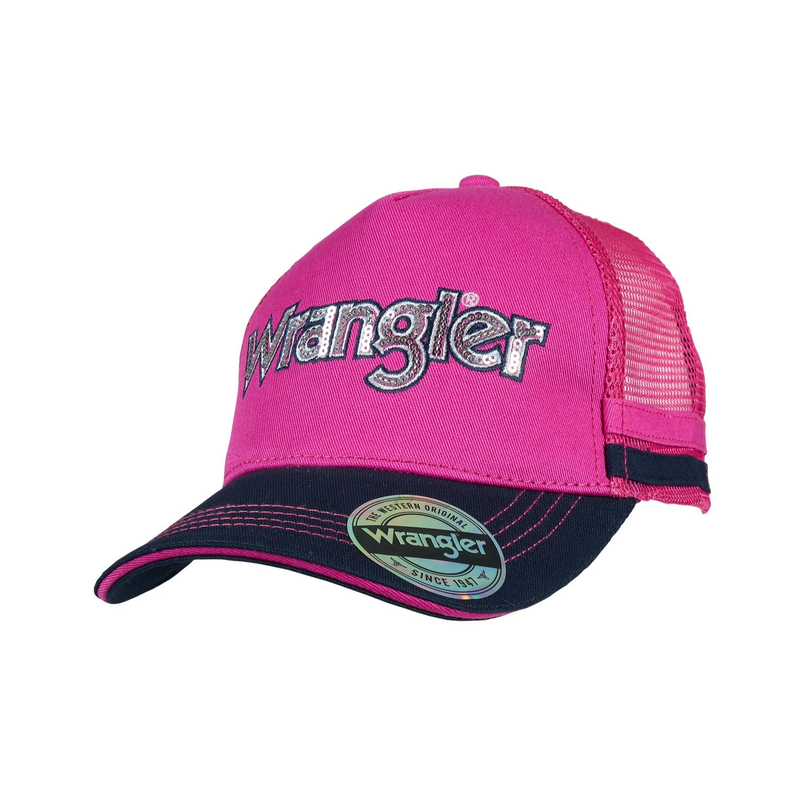 Wrangler Girl's Marina Trucker Cap. Pink and black cap with Wrangler logo on a white background