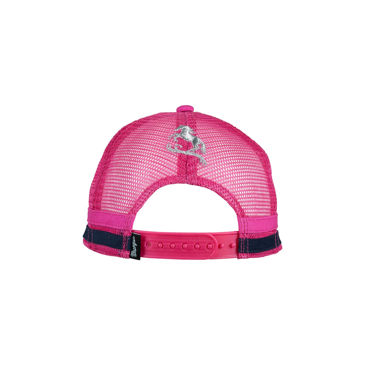 Wrangler Girl's Marina Trucker Cap. Pink mesh cap with a logo on a white background