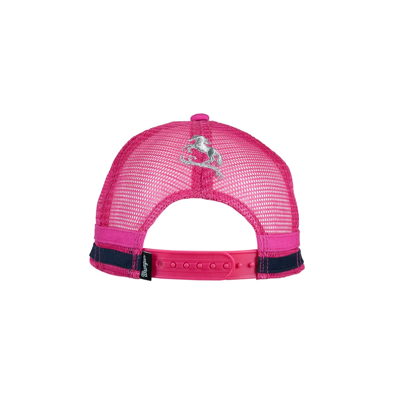 Wrangler Girl's Marina Trucker Cap. Pink and black cap with Wrangler logo on a white background