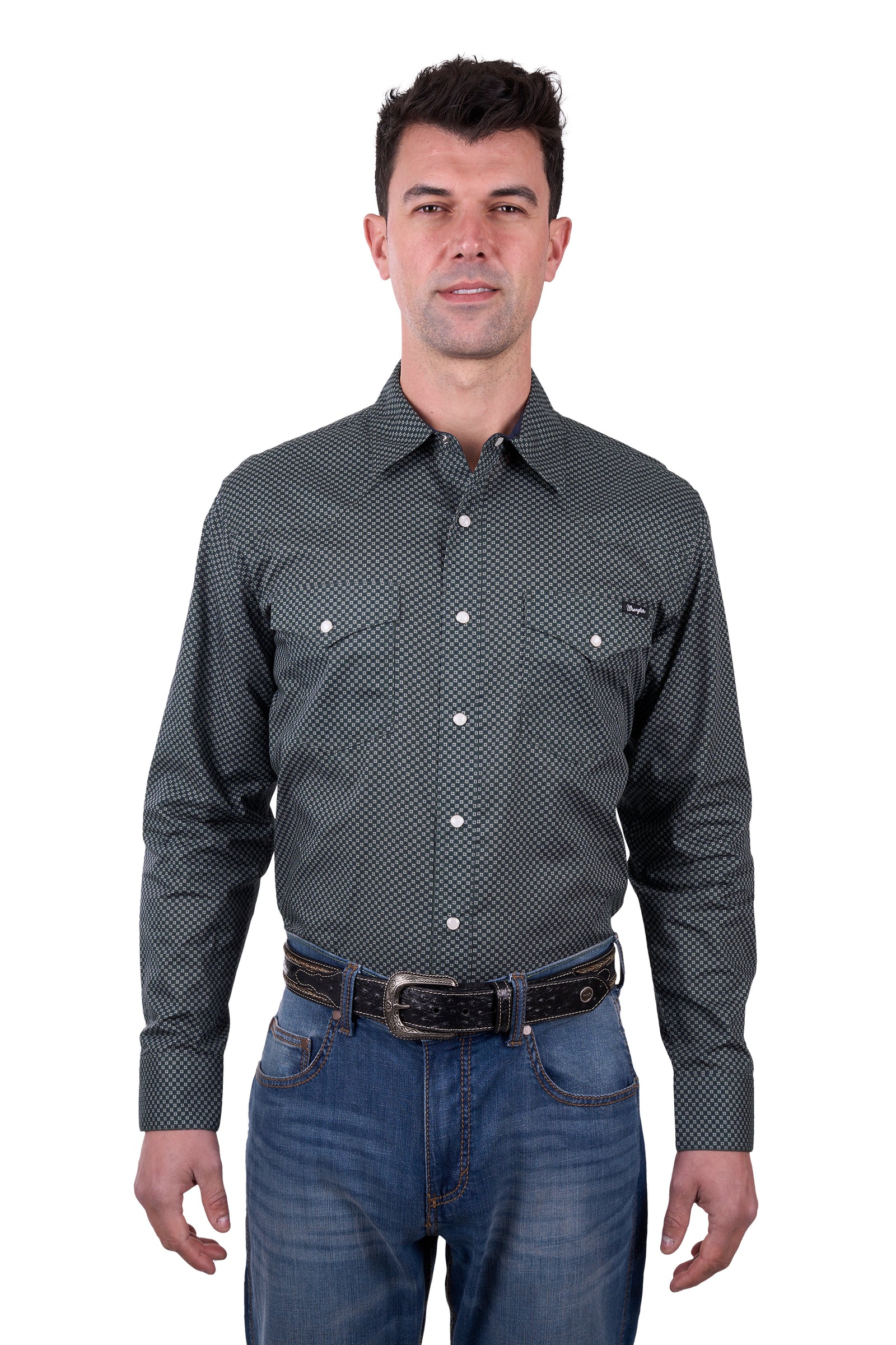 a man wearing a Wrangler Men's Steve L/S Western Shirt with denim jeans and a belt on a white background