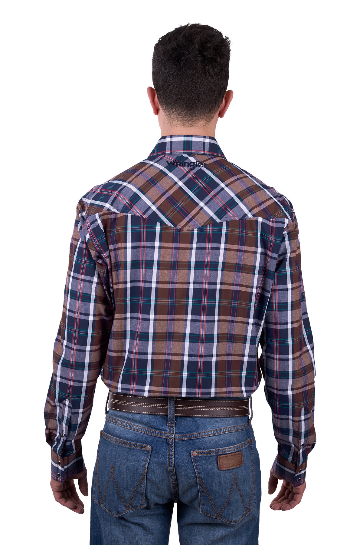 A man wearing a long sleeve plaid Wrangler Men's Milo Western Shirt in brown, blue, and white check, with western chest pockets and a western yoke.