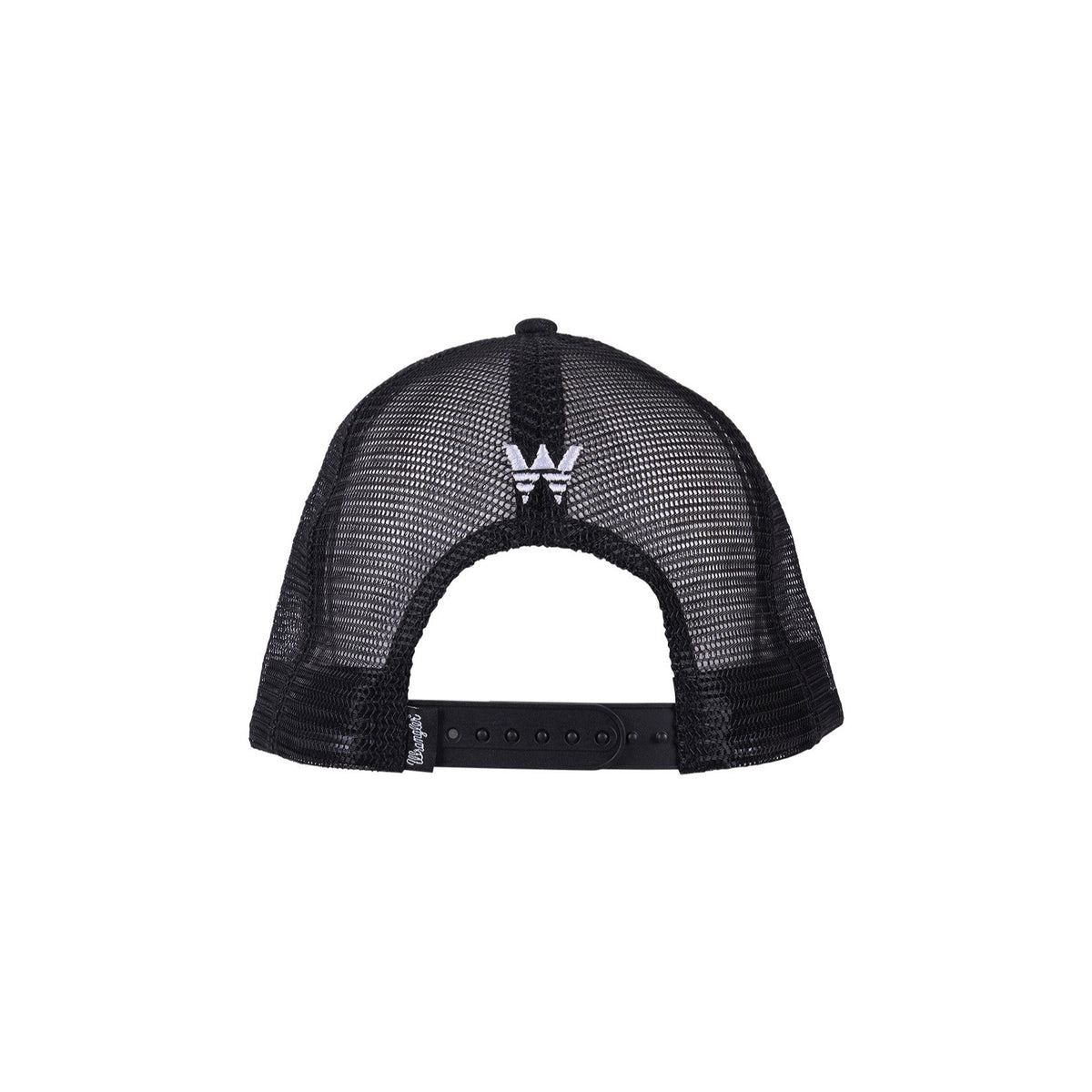 A black Wrangler branded trucker cap with a tonal printed logo, featuring a peak with mesh on the upper part and a solid color crown.
