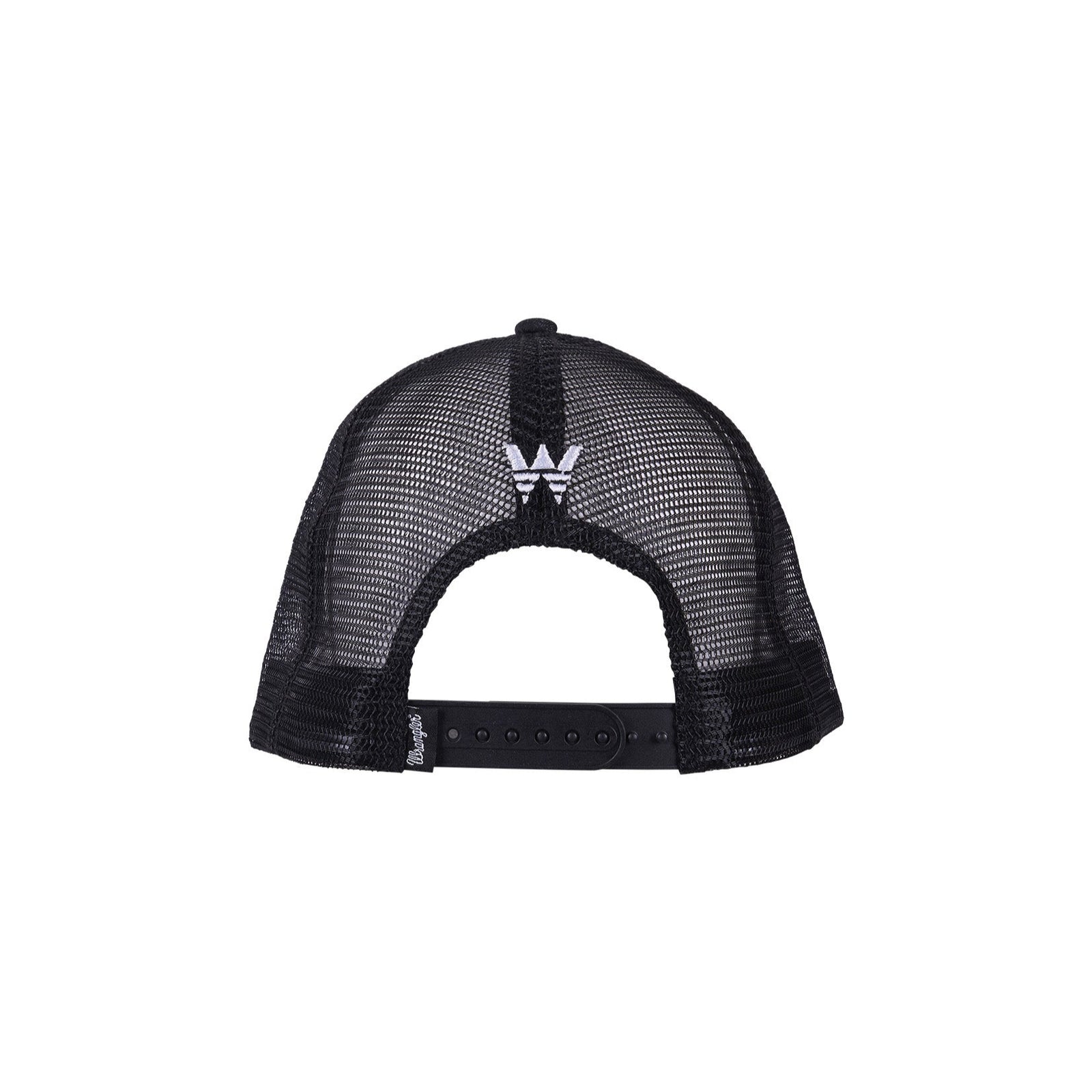 A black Wrangler branded trucker cap with a tonal printed logo, featuring a peak with mesh on the upper part and a solid color crown.