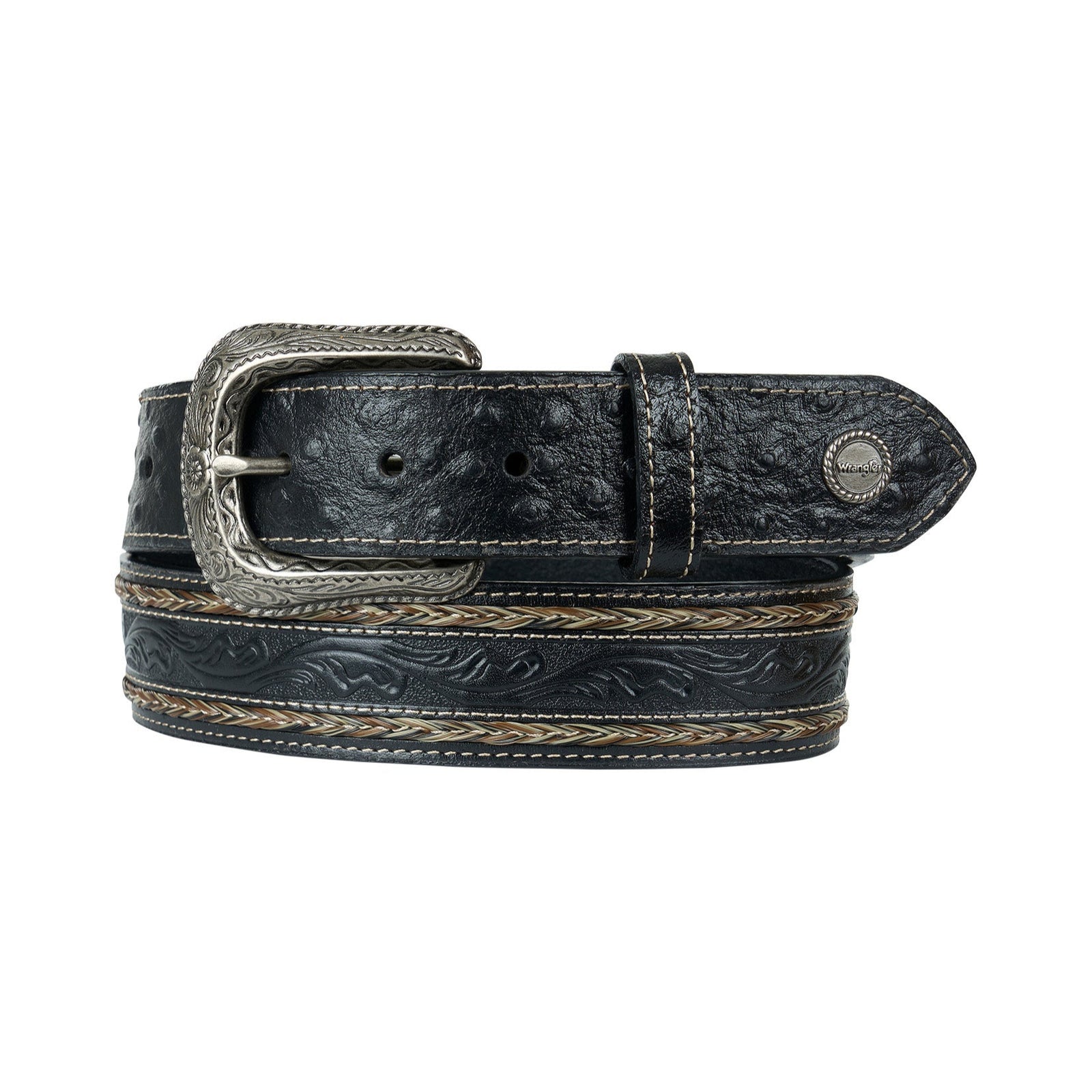 A Wrangler Men's Tommie Western Belt with a silver buckle, black leather strap with gold tooled patterns, and ostrich embossed tab ends.