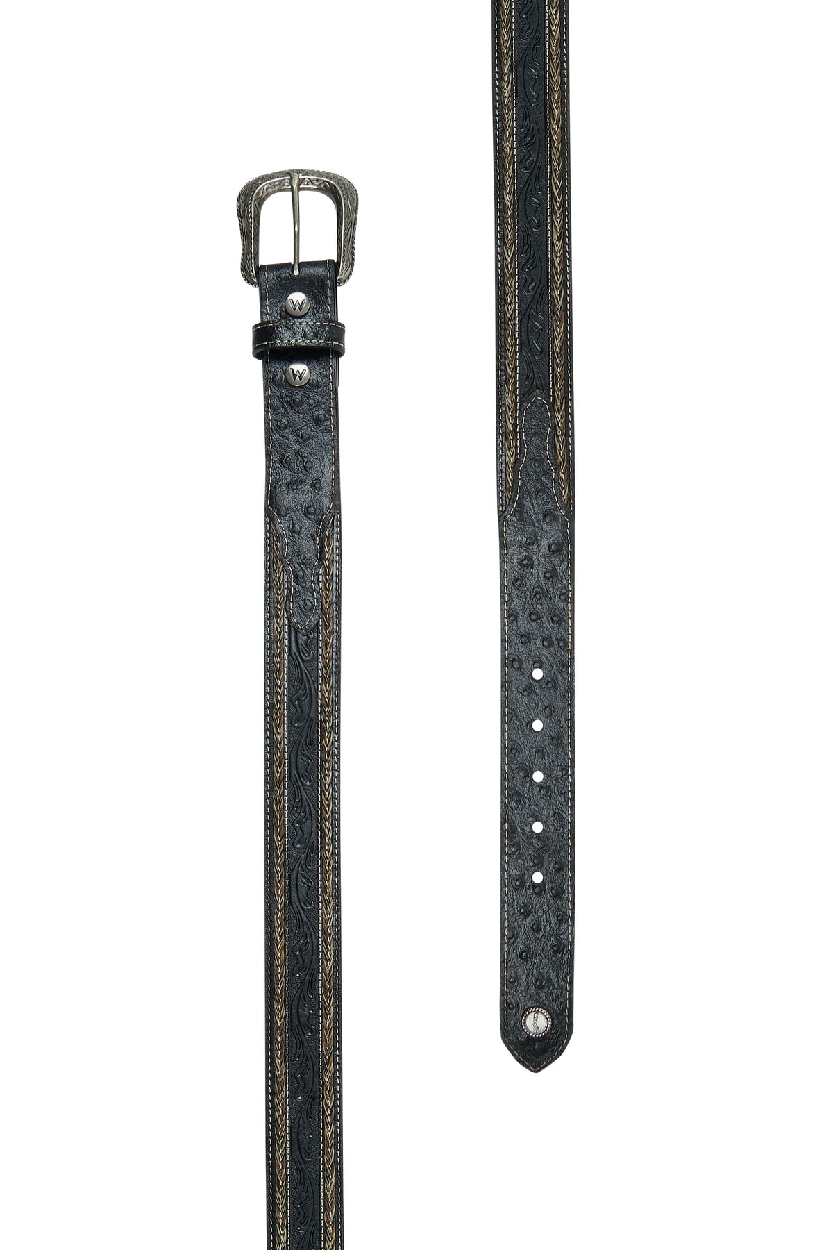 A Wrangler Men's Tommie Western Belt with a silver buckle, black leather strap with gold tooled patterns, and ostrich embossed tab ends.