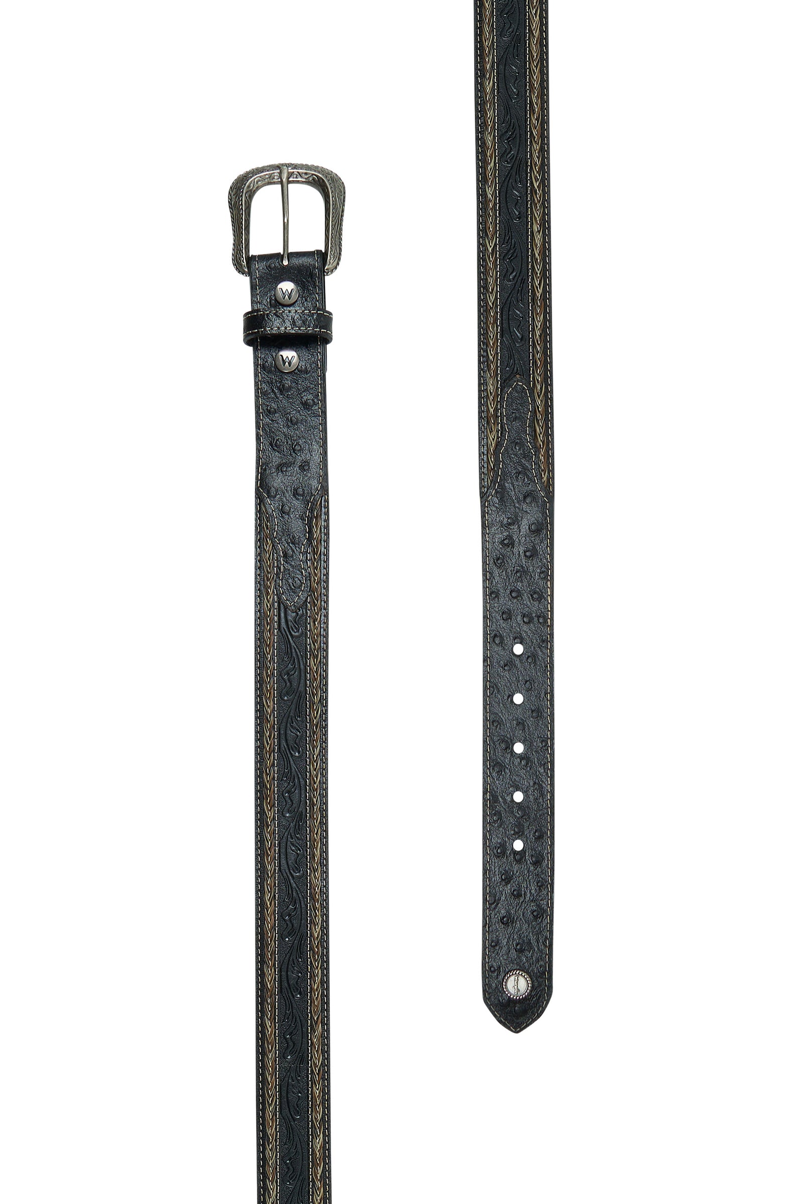 A Wrangler Men's Tommie Western Belt with a silver buckle, black leather strap with gold tooled patterns, and ostrich embossed tab ends.