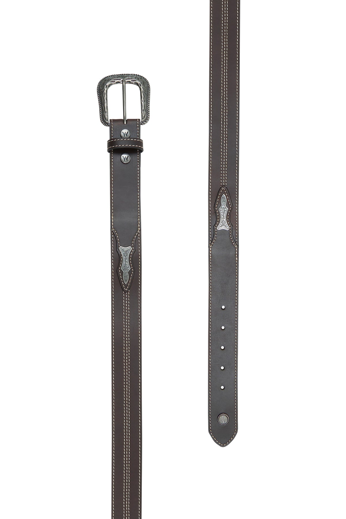 A brown leather Wrangler western belt with a silver buckle and stitching detail.