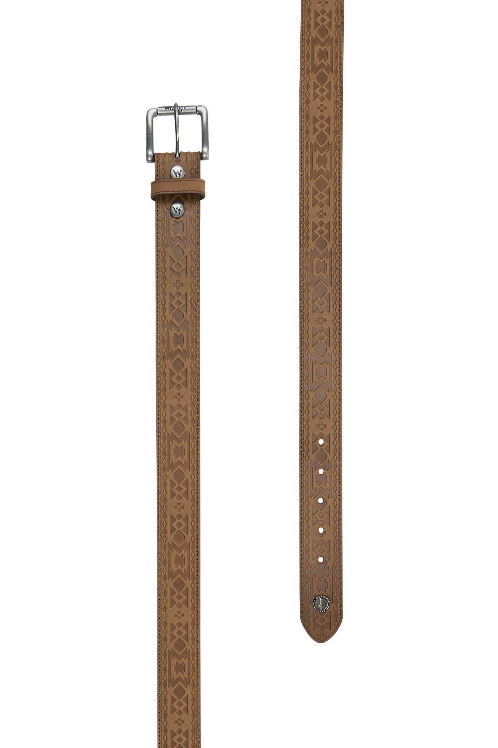 A brown, tooled leather Wrangler western belt with a metal buckle and silver hardware, featuring the Wrangler logo concho.