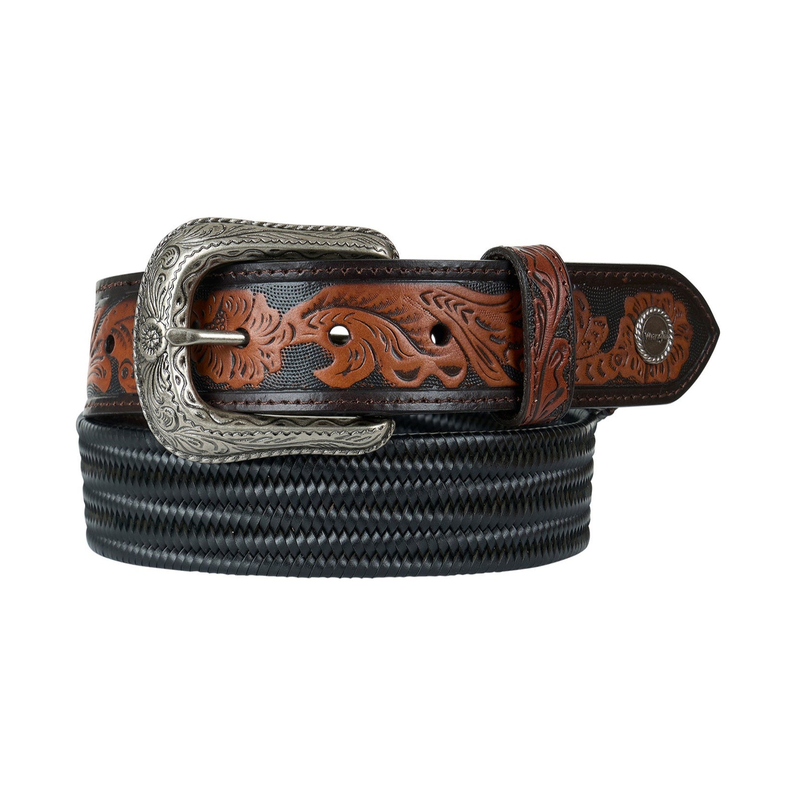 Wrangler Men's Monty Stretch Western Belt with a brown leather strap, iconic logo concho, and antique silver hardware.