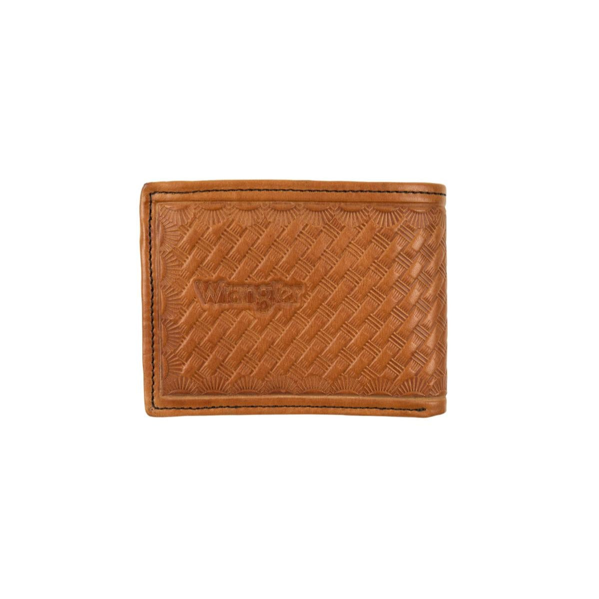 Wrangler Men's Sawyer Western Bi-Fold Wallet. Brown leather wallet with a textured pattern on a white background