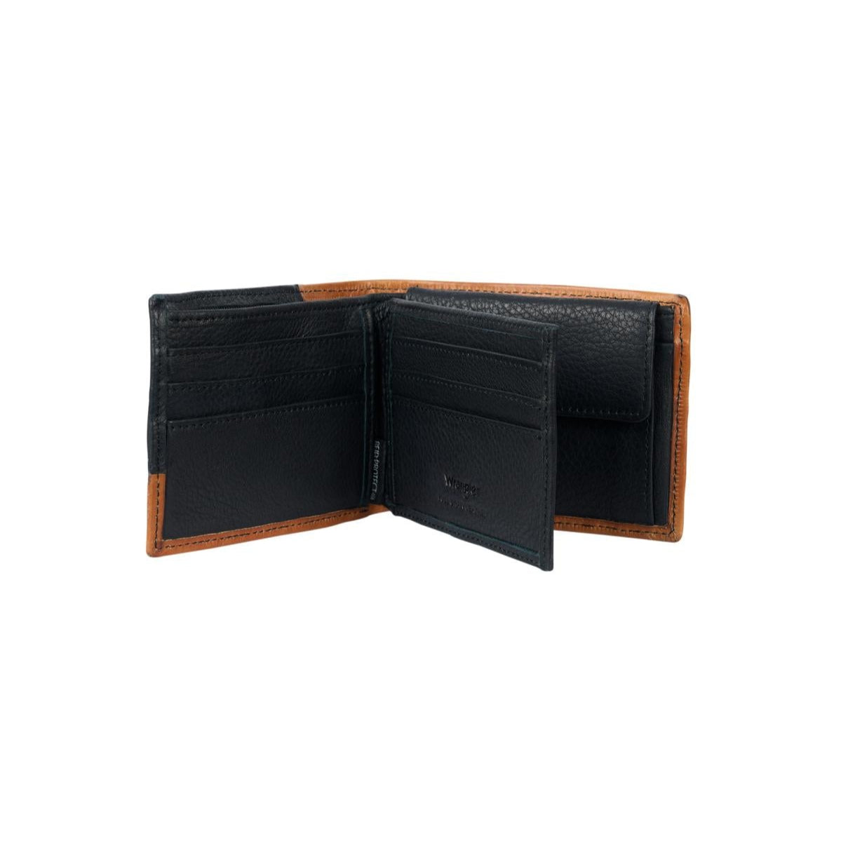 Wrangler Men's Sawyer Western Bi-Fold Wallet. Black leather wallet with brown trim on a white background