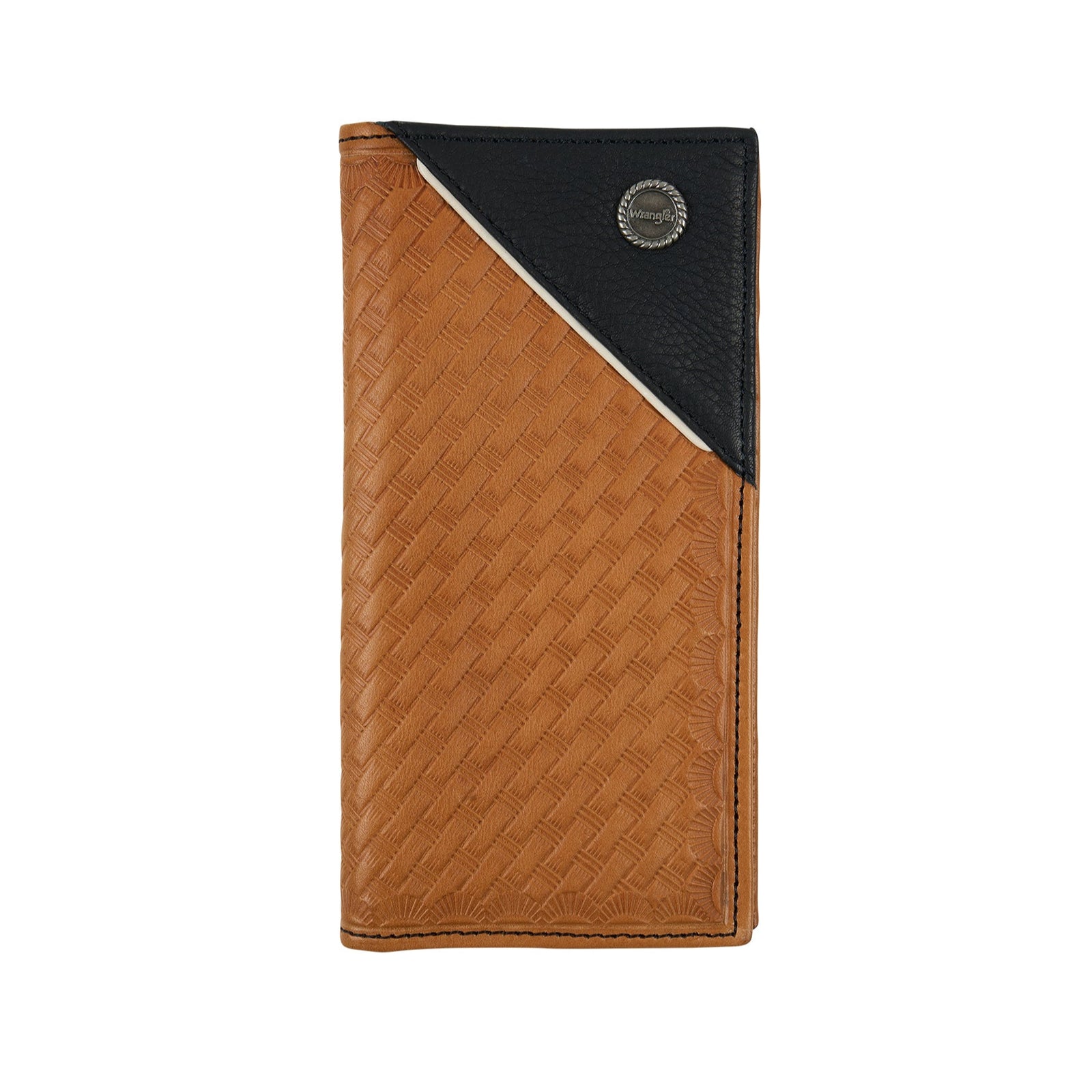 A brown and black wrangler western leather wallet with a basketweave pattern and a metal Wrangler logo concho on the front.