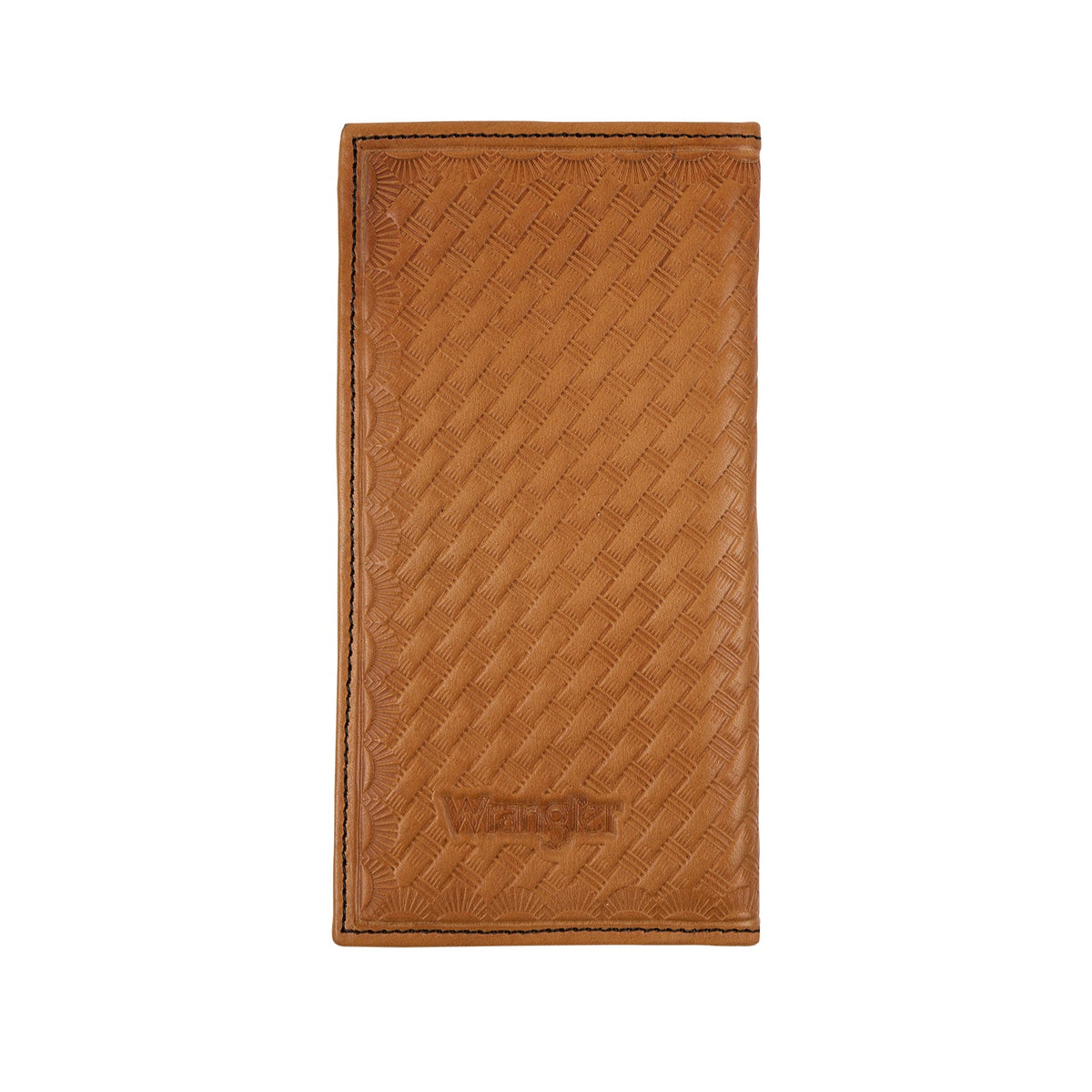 A brown and black wrangler western leather wallet with a basketweave pattern and a metal Wrangler logo concho on the front.