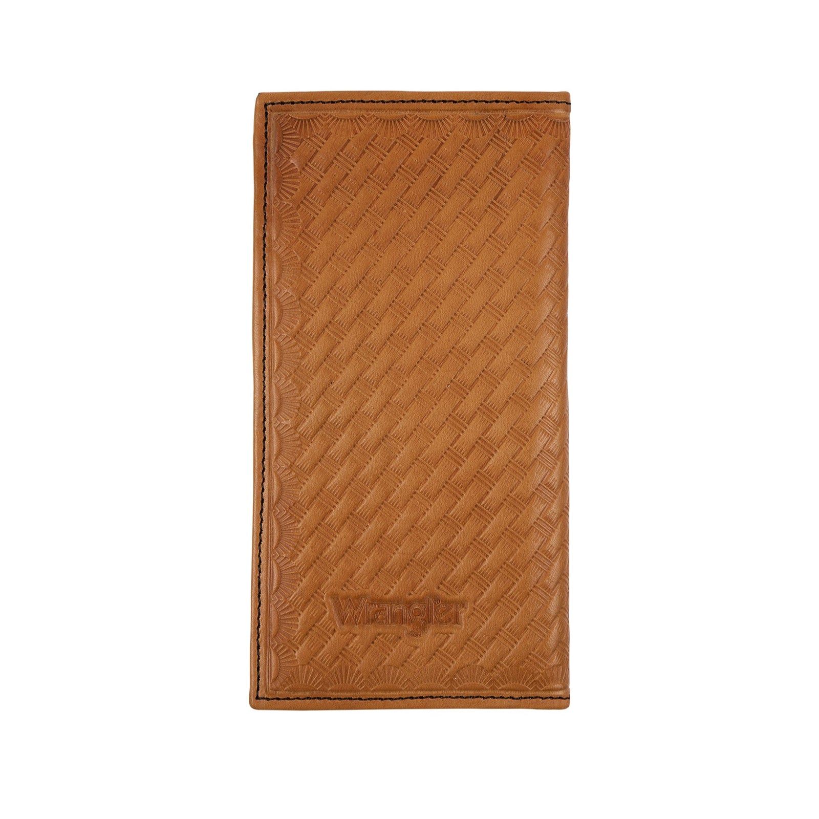 A brown and black wrangler western leather wallet with a basketweave pattern and a metal Wrangler logo concho on the front.