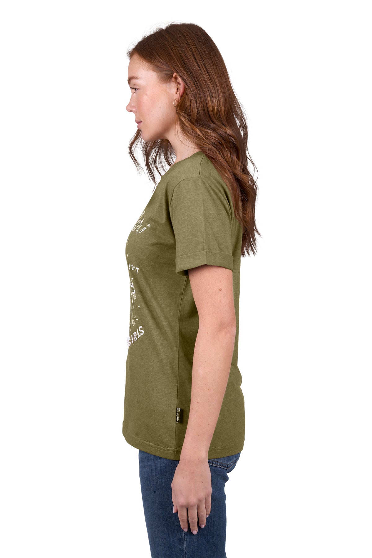 A woman wearing a green Wrangler women's layla short-sleeve t-shirt with text graphic on the front.