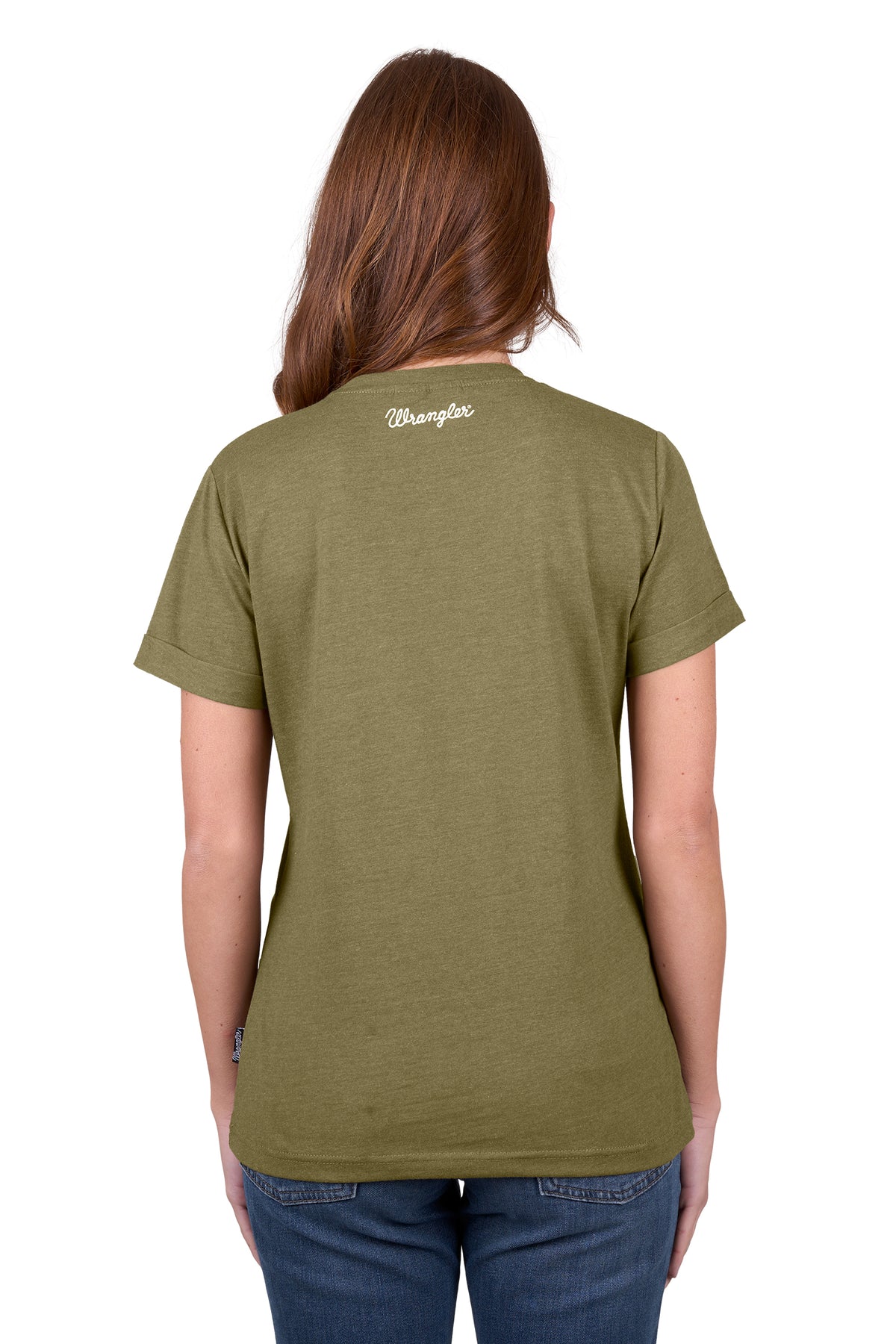 A woman wearing a green Wrangler women's layla short-sleeve t-shirt with text graphic on the front.
