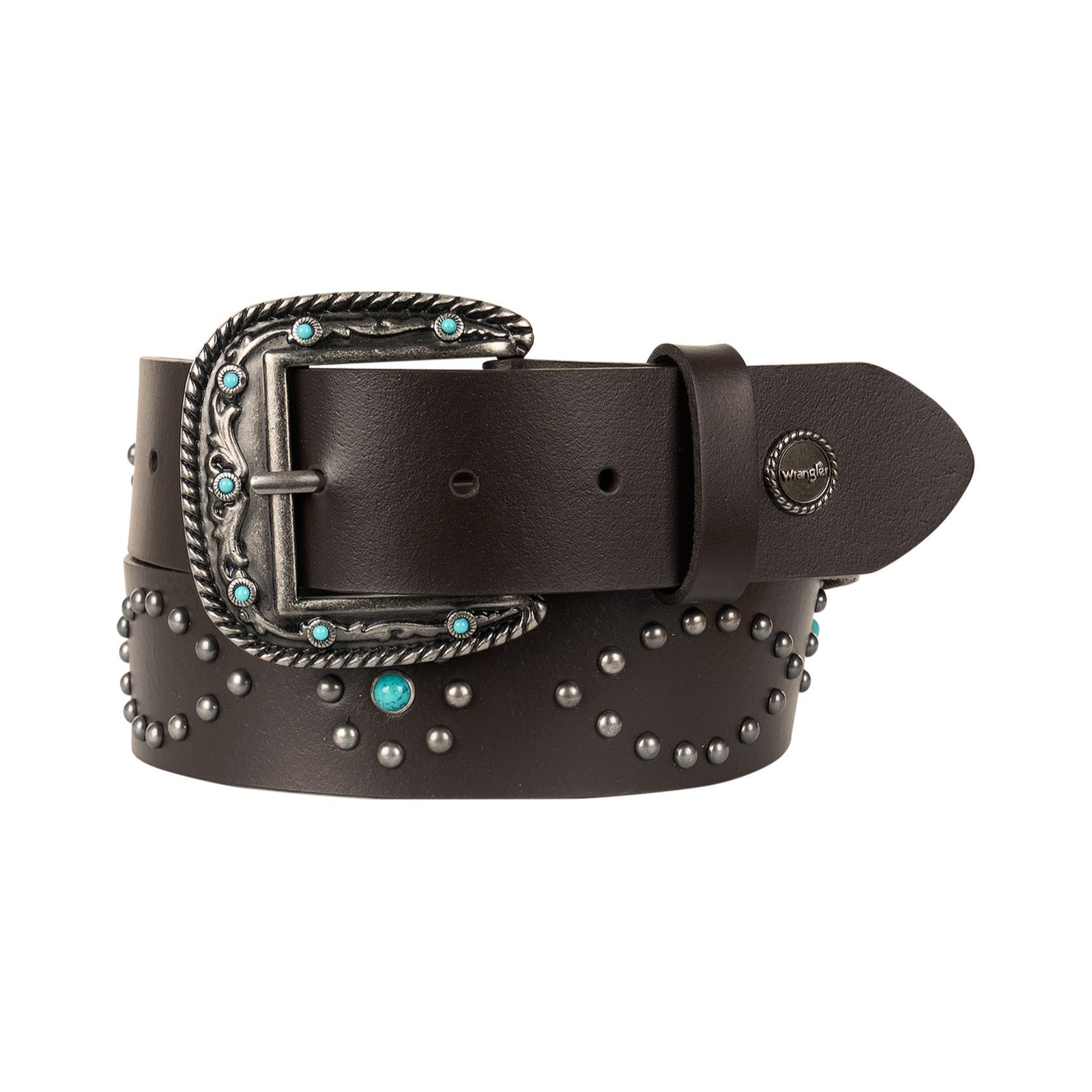 A women's Wrangler Danica Western belt with black leather and a decorative buckle with turquoise studs and silver hardware.