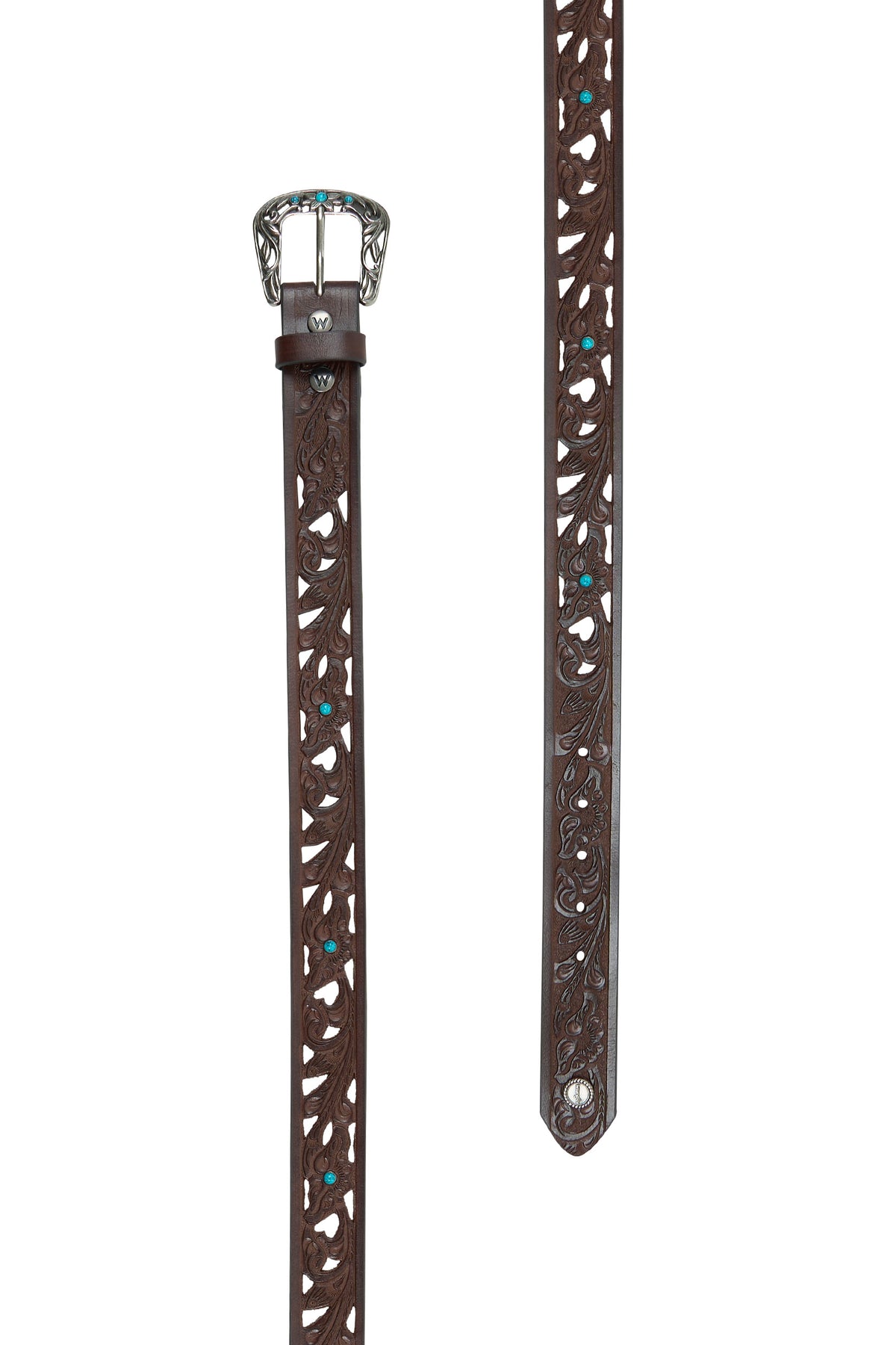 A brown leather Wrangler western belt for women with a stylish silver buckle and turquoise studs.