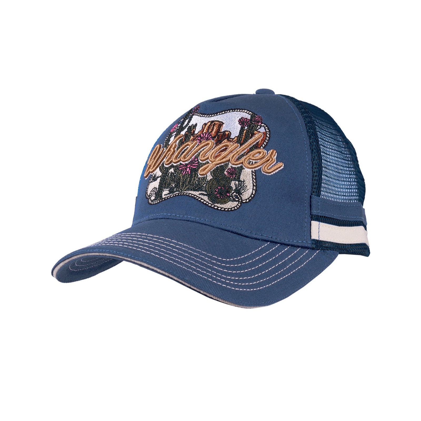 A blue Wrangler Women's Loretta Trucker Cap with a mesh back and an adjustable snapback closure. It features a bold graphic design on the front.