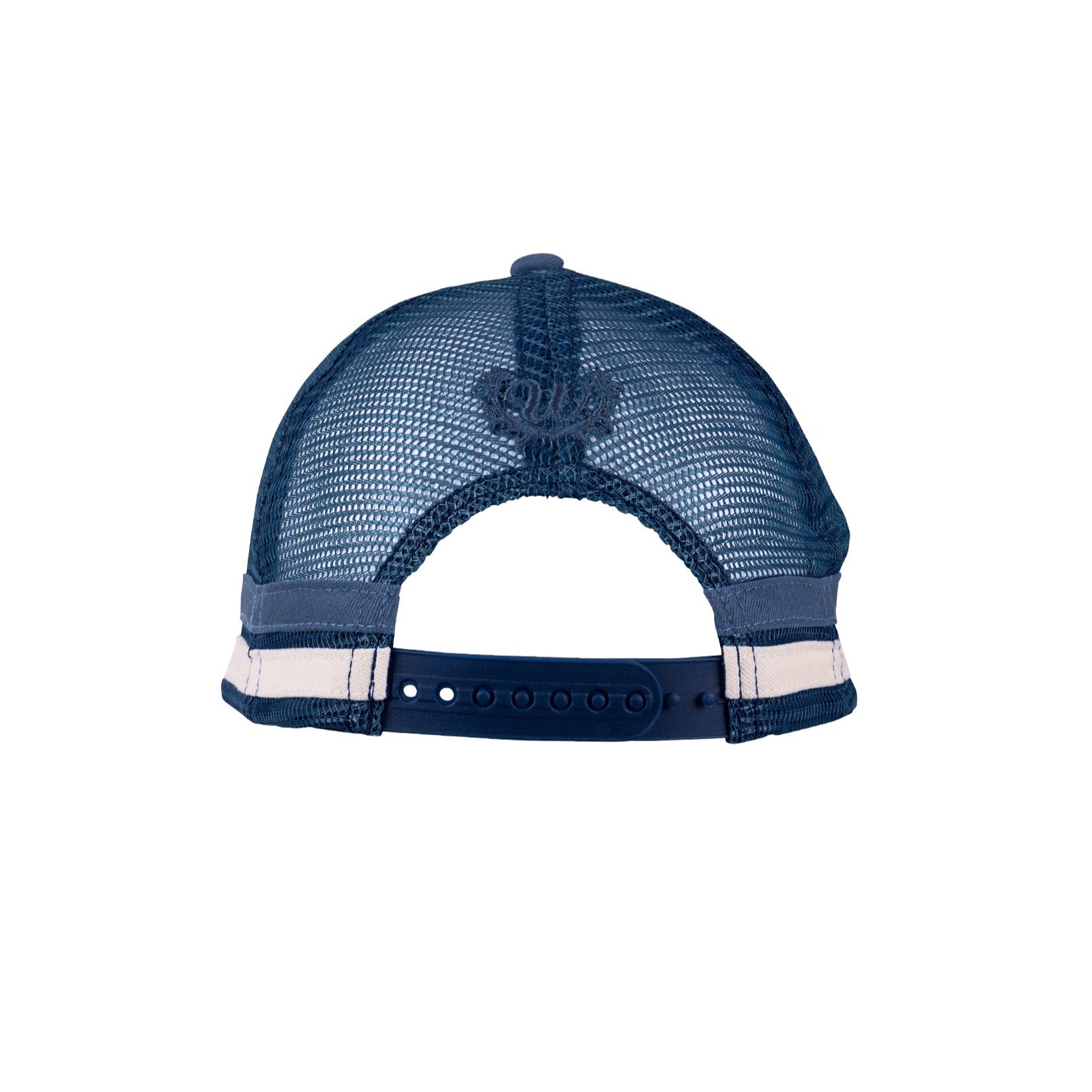 A blue Wrangler Women's Loretta Trucker Cap with a mesh back and an adjustable snapback closure. It features a bold graphic design on the front.