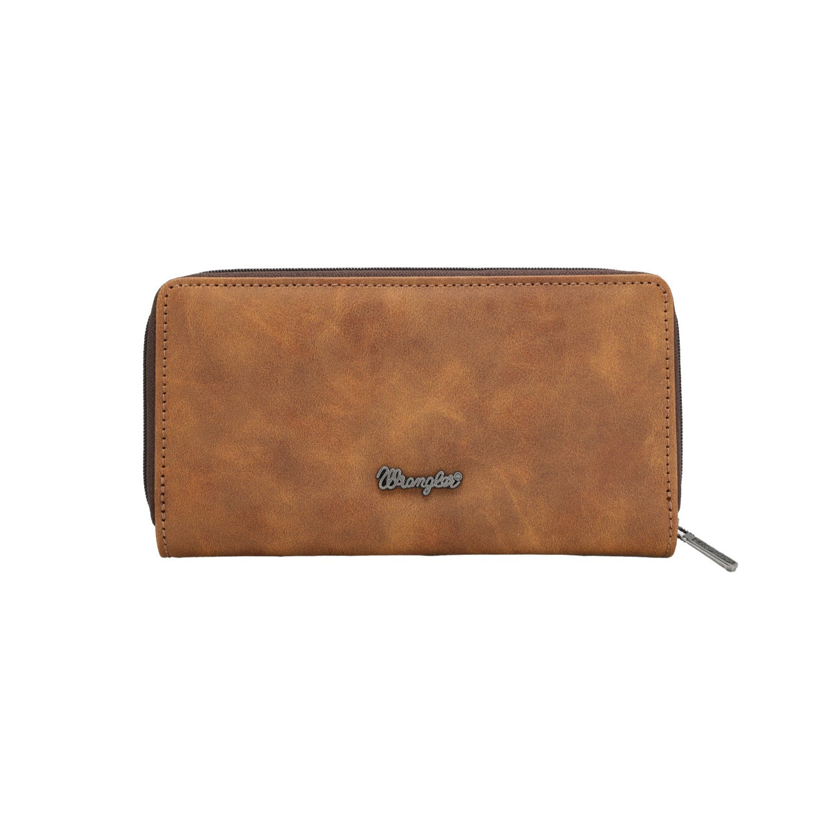 A brown Wrangler Women's Carmen Western Wallet with a geometric pattern on the front, featuring zip around closure and embellished with studs.