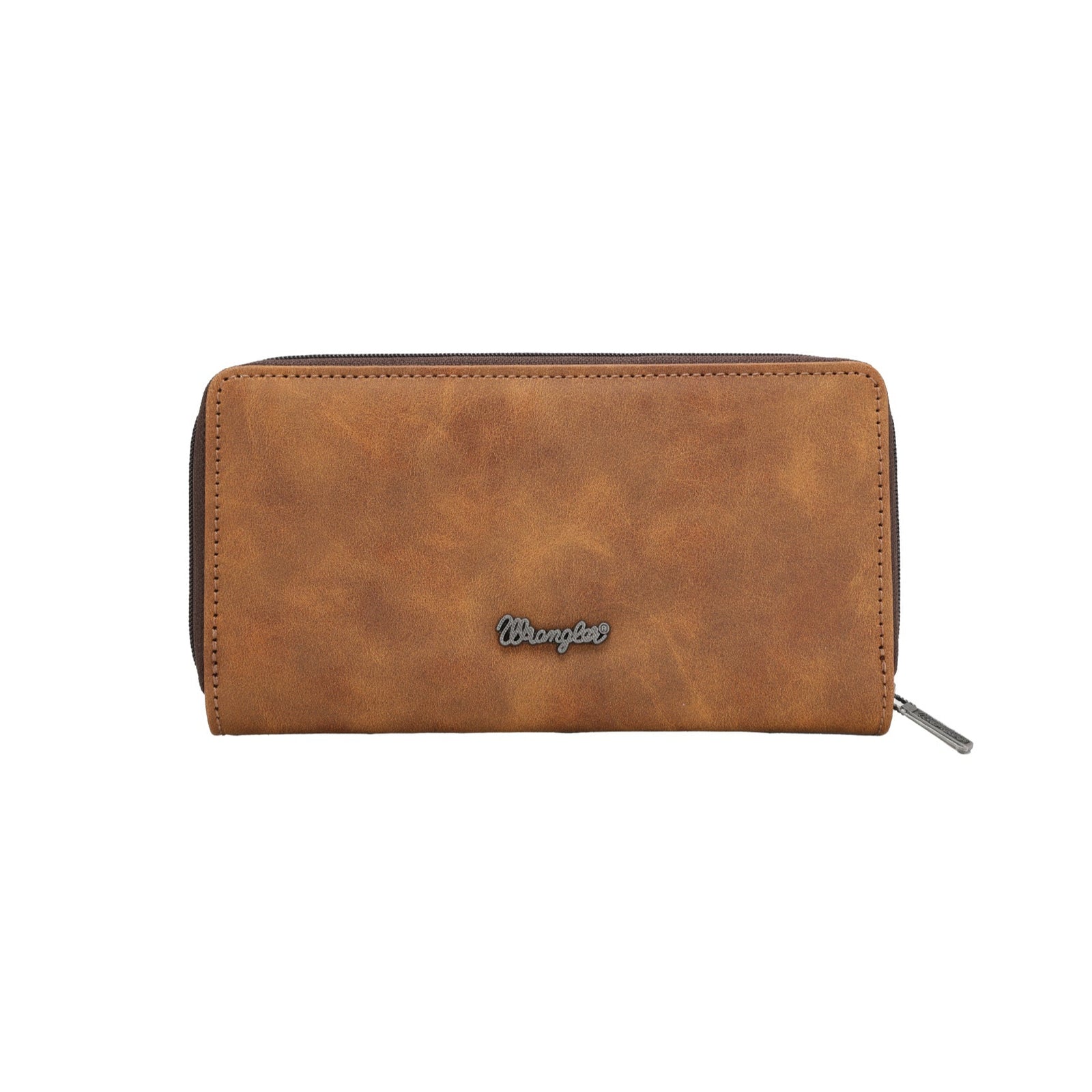 A brown Wrangler Women's Carmen Western Wallet with a geometric pattern on the front, featuring zip around closure and embellished with studs.