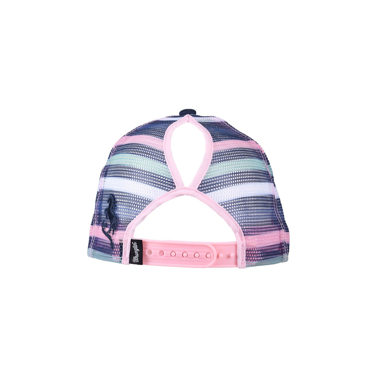 A girl's high pony tail wrangler western cap with a cutout, featuring a multicolor design.