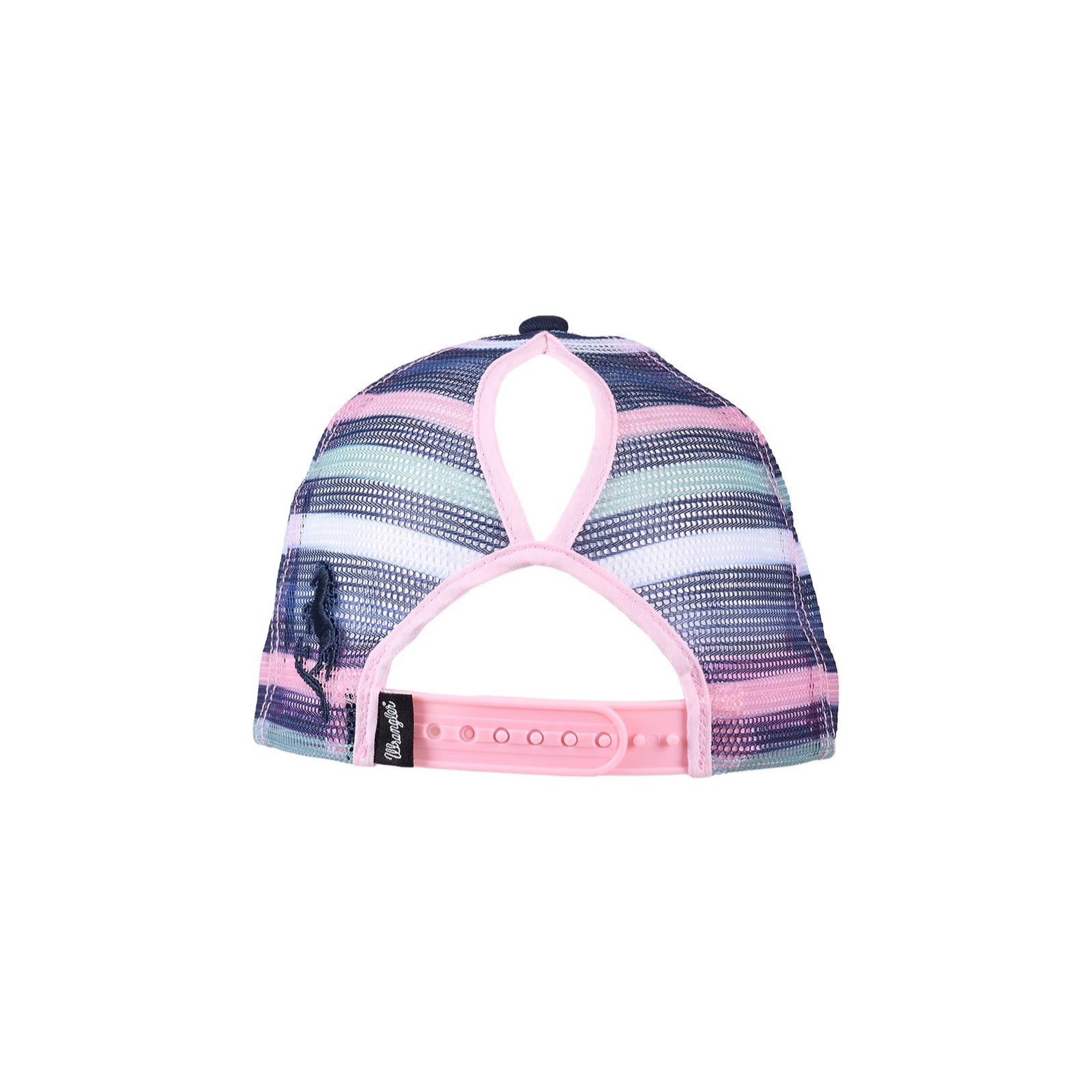 A girl's high pony tail cap with a cutout, featuring a multicolor design with a pink brim and a 'Wrangler' logo on the front.
