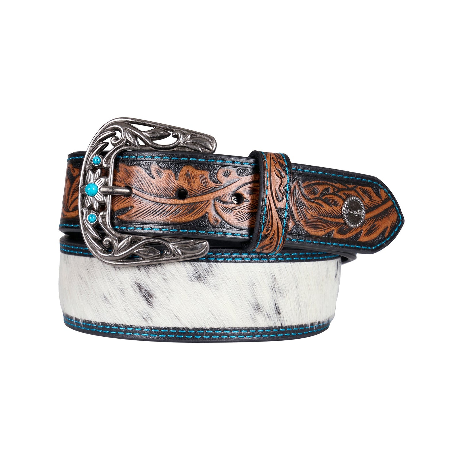 Decorative leather belt with intricate designs on a white background
