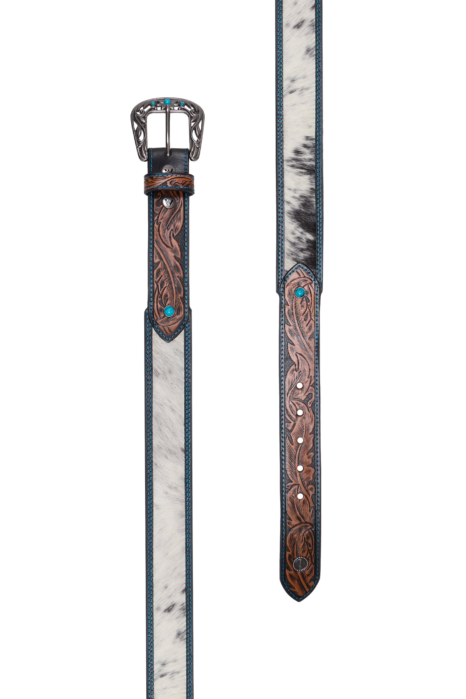 Decorative leather belt with intricate designs on a white background