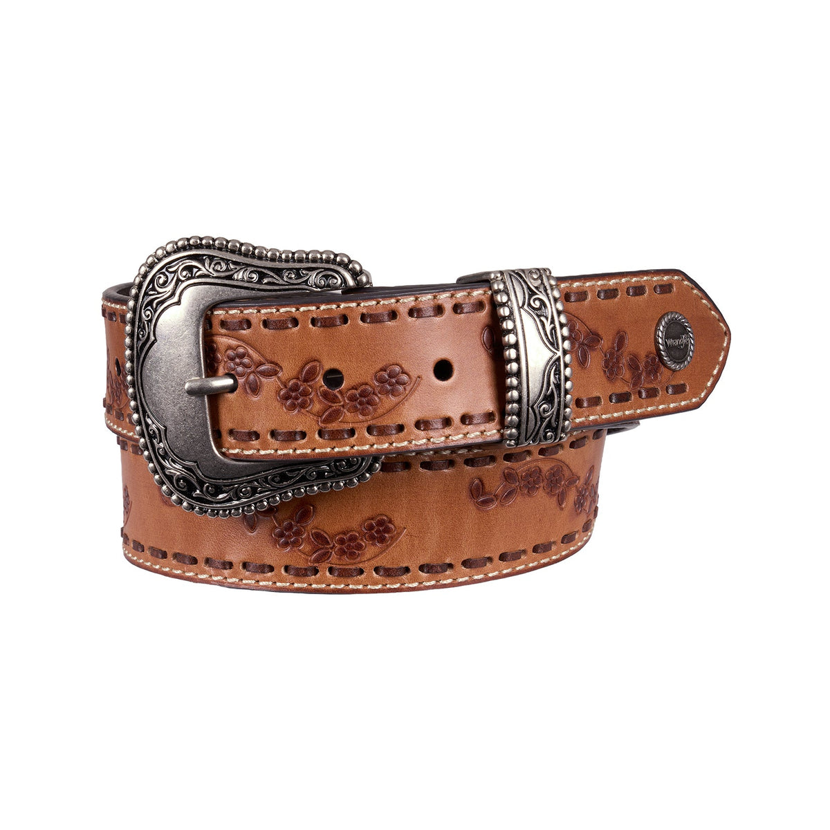 Brown leather belt with decorative buckle on a white background