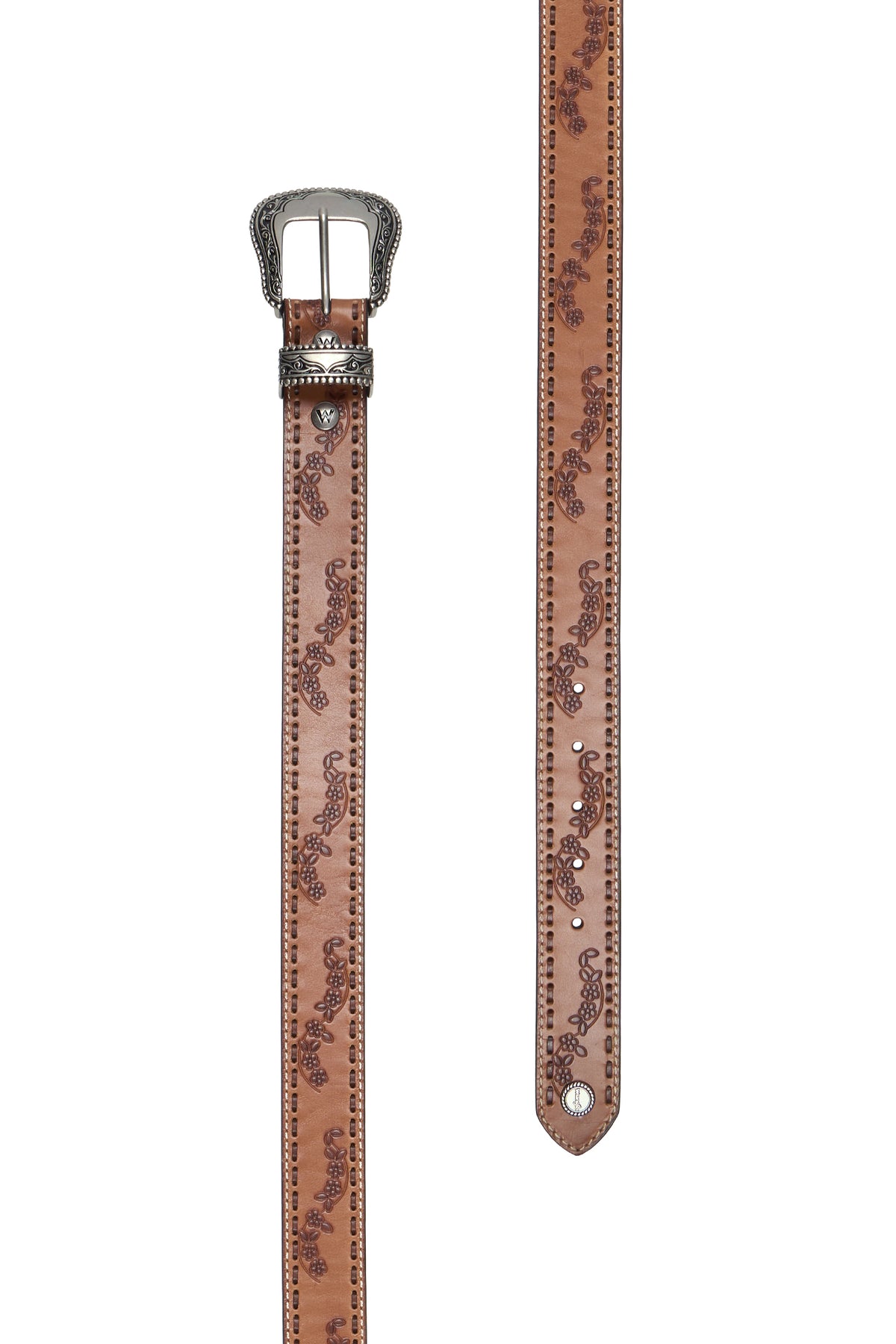 A brown tooled leather belt with floral embossing and a silver-toned buckle, shown in a full-length view and a close-up strip view against a white background.