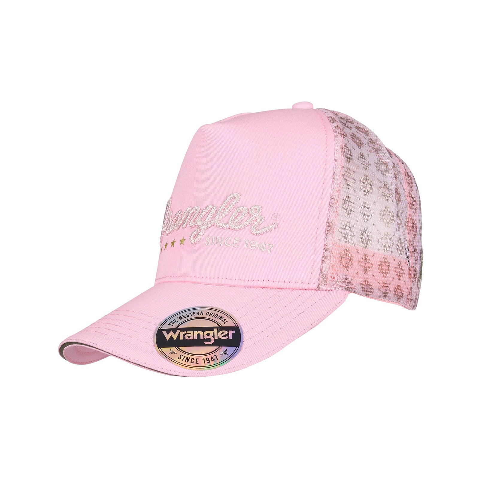 Pink cap with floral pattern on mesh back and Wrangler logo on a white background