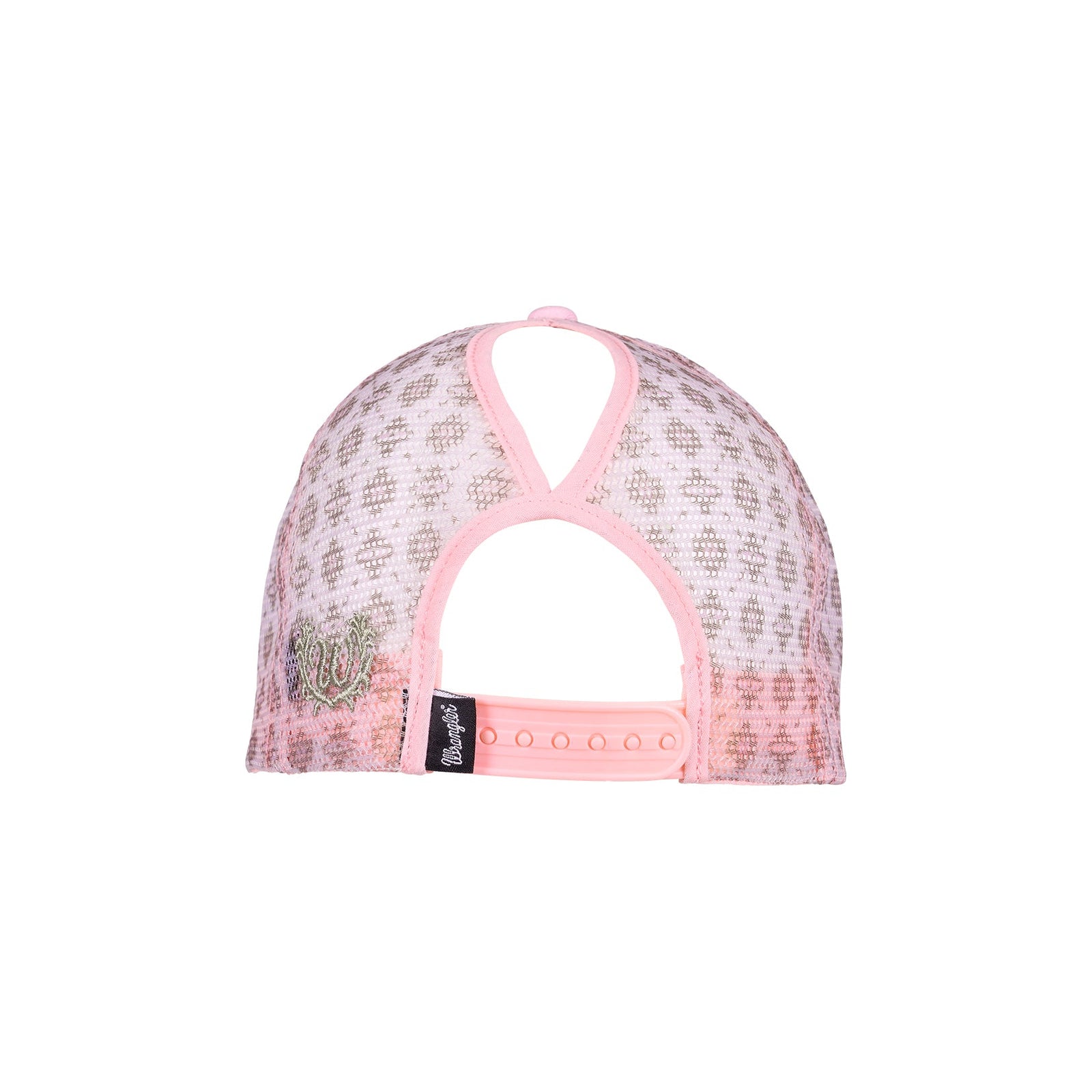 Pink cap with floral pattern on mesh back and Wrangler logo on a white background