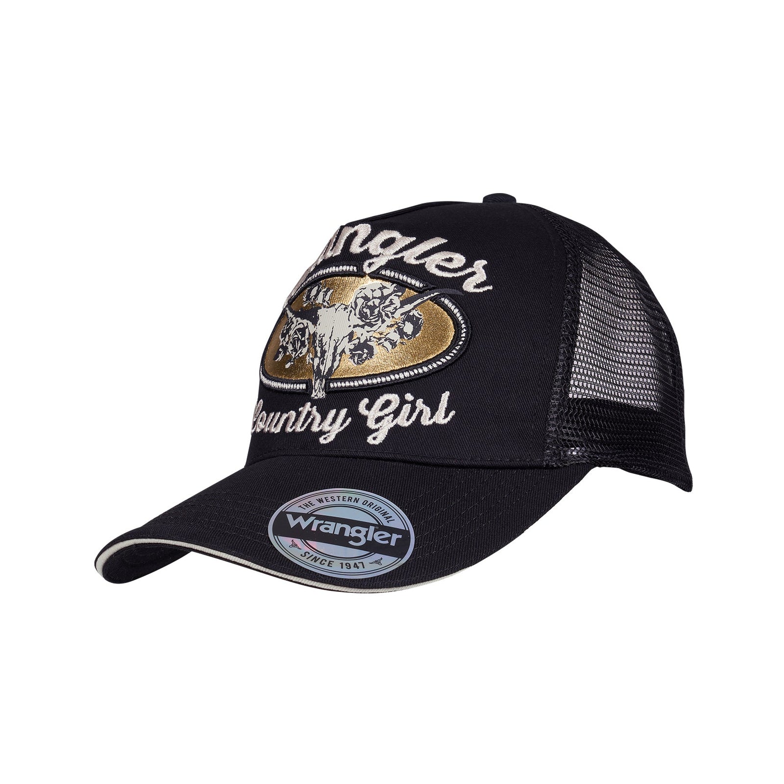 A black Wrangler trucker hat with a curved brim, black mesh back, and a front patch featuring white 'Angler Country Girl' text and a gold-toned emblem.