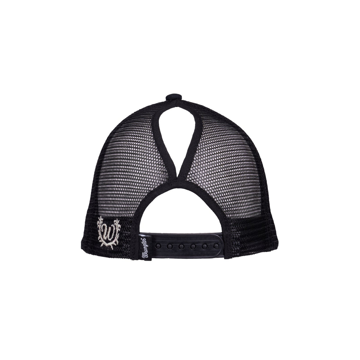 Black trucker-style mesh cap shown from the back, featuring a black mesh back, black fabric brim, and an adjustable snap closure with a small white embroidered logo on the left side.