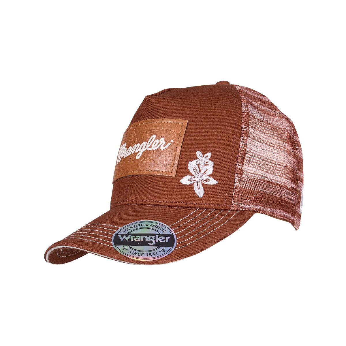 Brown cap with mesh back and Wrangler logo on a white background
