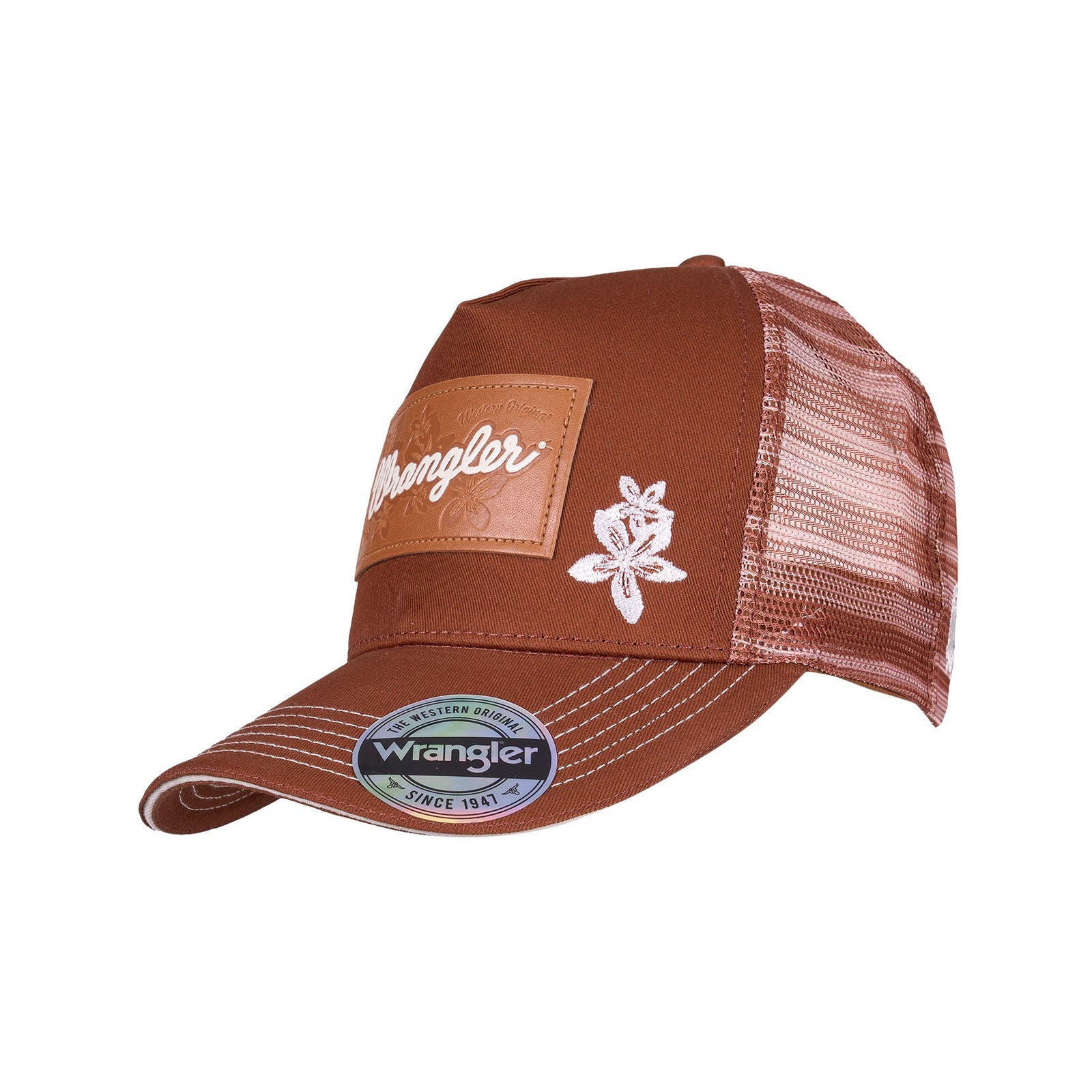 Brown cap with mesh back and Wrangler logo on a white background